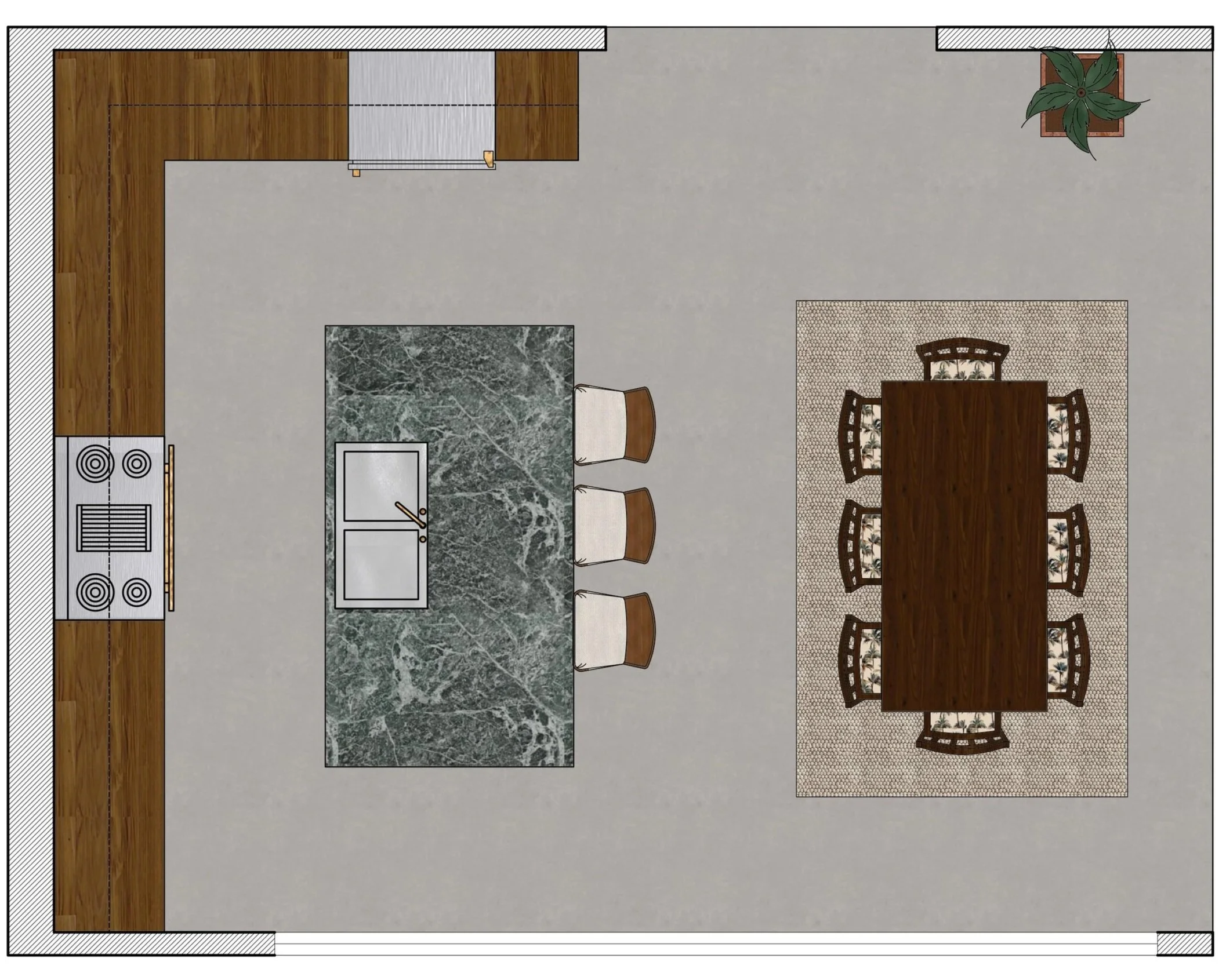 Top-down view of a kitchen and dining area with a stove, a large marble island with four chairs, a dining table with eight chairs, a potted plant, and an entryway at the top.
