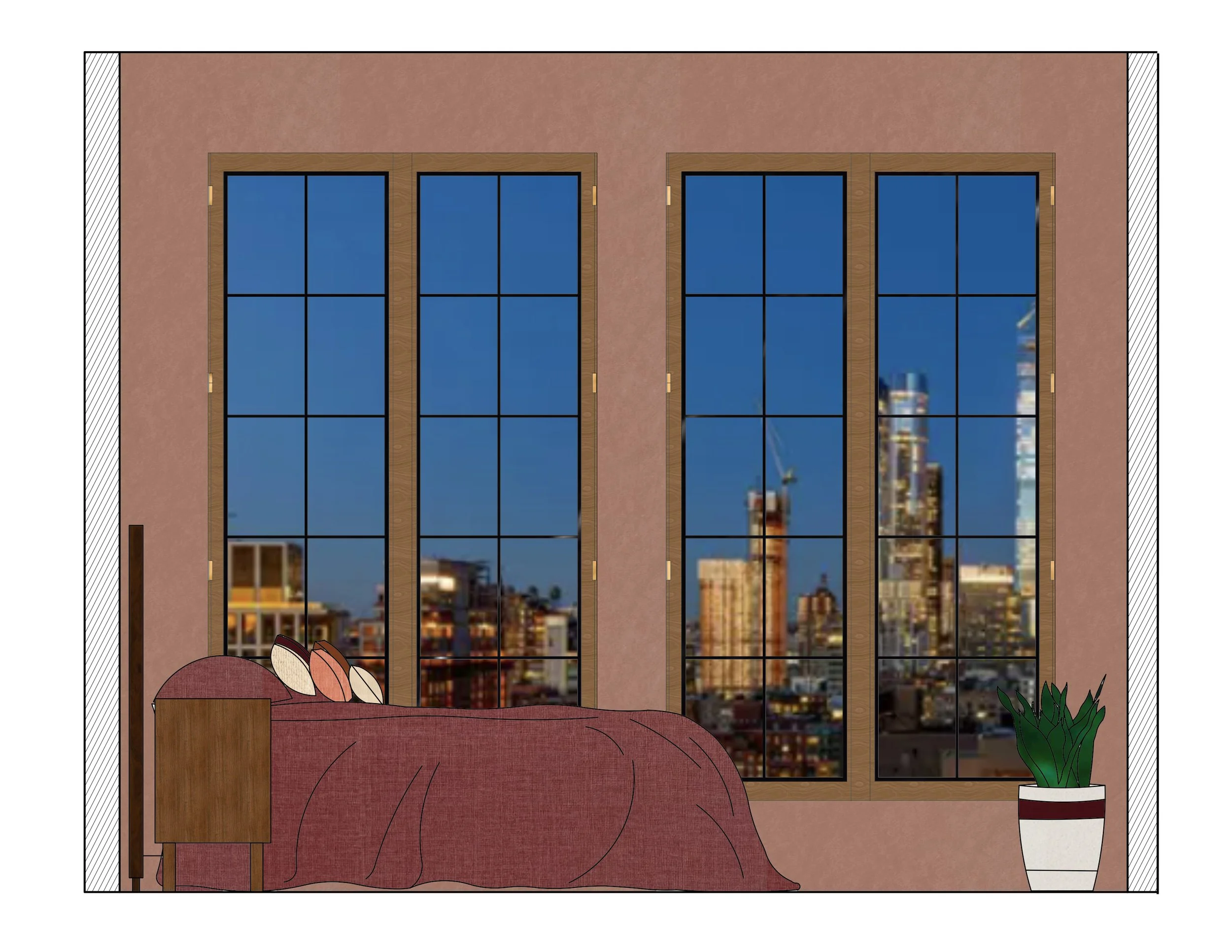 A bedroom with large windows showing a city skyline at night, a bed with pillows, a wooden nightstand, and a potted plant in the corner.
