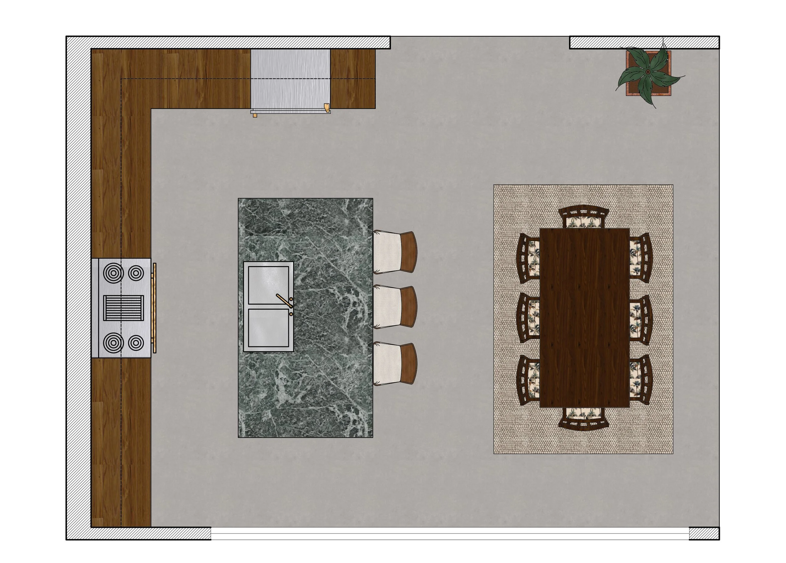 Top-down view of a combined kitchen and dining area with a stove, marble kitchen island with three chairs, a dining table with six chairs, a potted plant, and a sliding door.