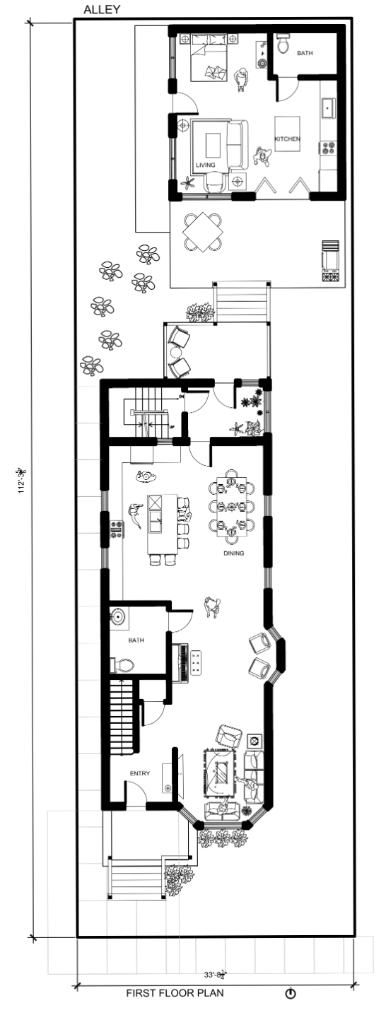 Black and white floor plan of a narrow, elongated house showing the layout of rooms including entry, living room, dining area, kitchen, bathroom, bedroom, and outdoor patio with stairs and garden details.
