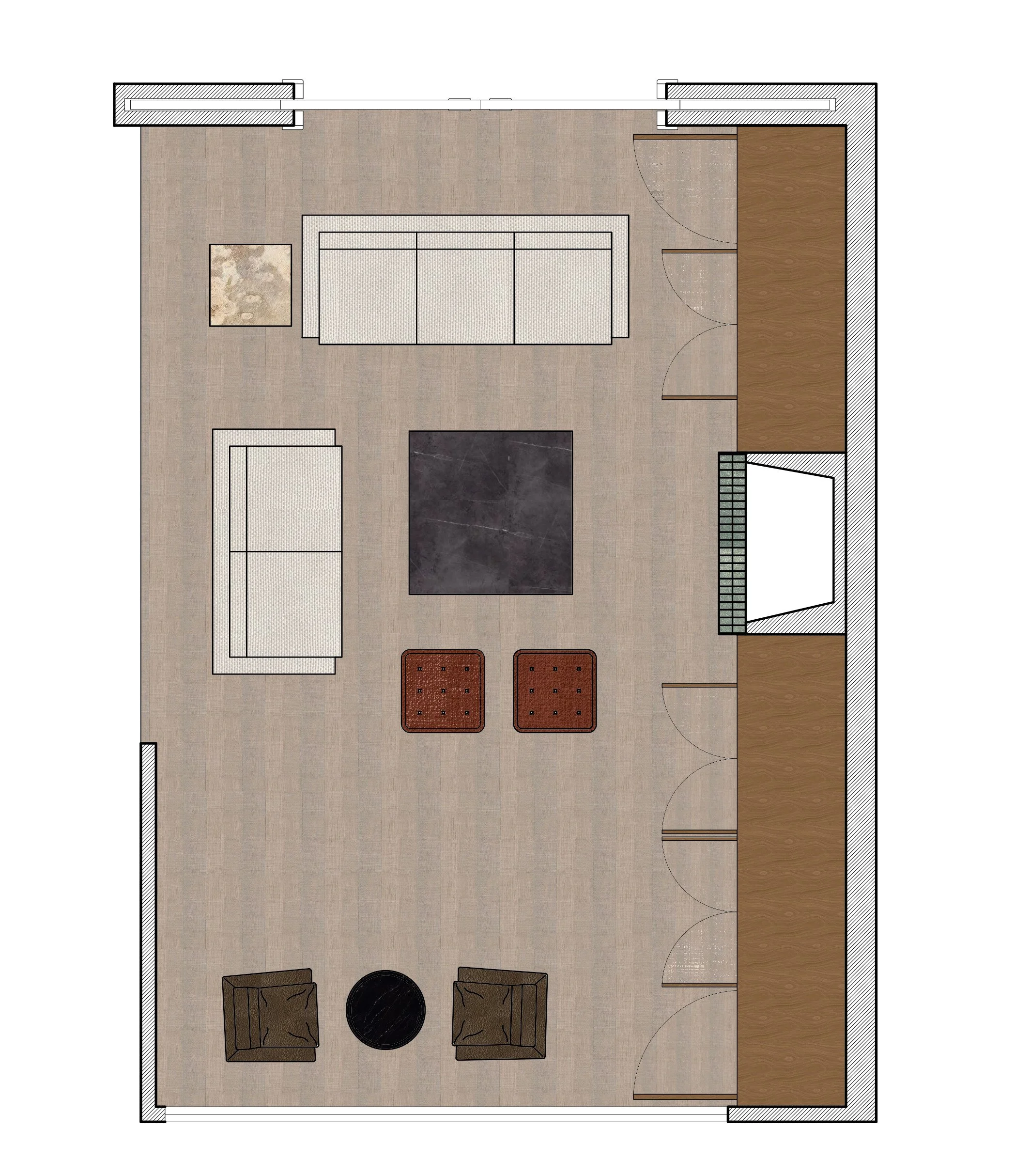 Floor plan of a living room with two sofas, two small ottomans, an area rug, a black coffee table, two armchairs, a small round table, a fireplace, and closet or storage area.