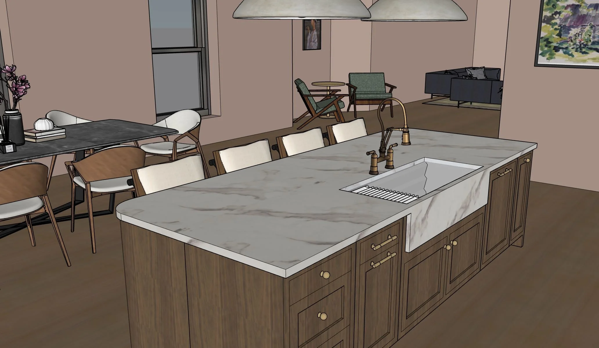 A modern kitchen with a marble island, a built-in sink, and wooden cabinetry, adjacent to a dining area with white chairs and a table, and a cozy seating area in the background.