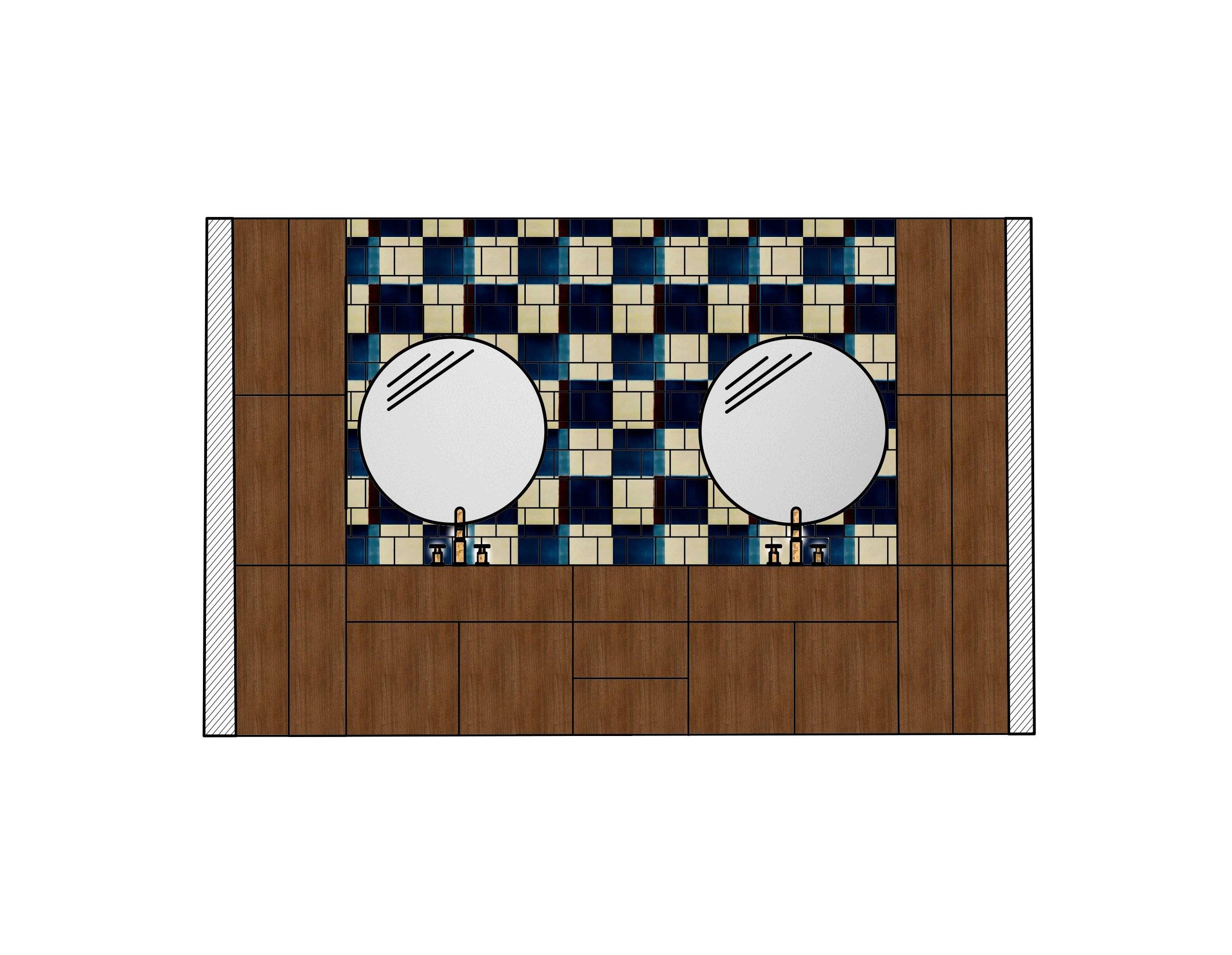 Top-down view of a bathroom vanity with two round mirrors, two sinks, and a wood countertop against a mosaic tile backsplash in shades of blue, black, and beige.