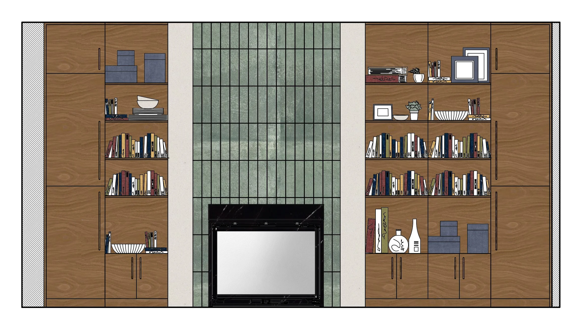 A built-in wall unit with wooden cabinets and open shelves on either side of a green tiled fireplace. The shelves contain books, decorative objects, and small storage boxes.