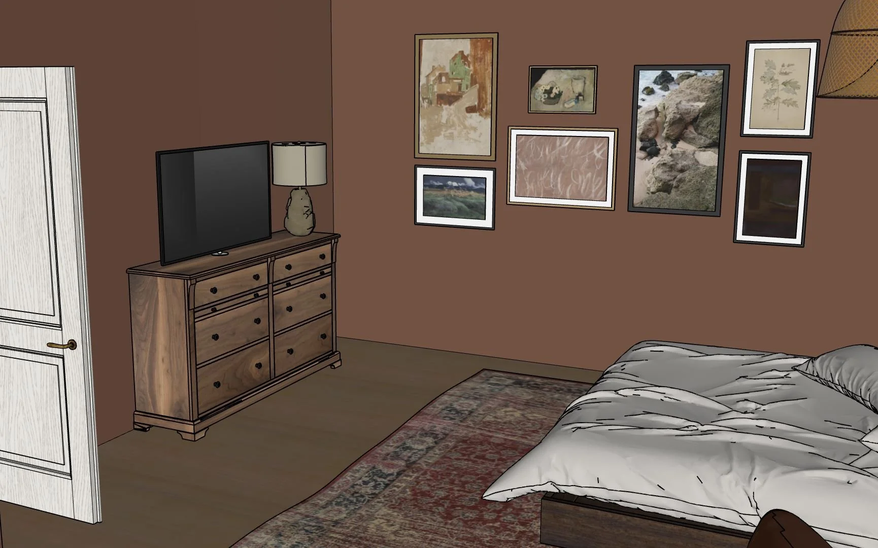 Bedroom with a wooden dresser and a flat-screen TV, framed artwork on a brown wall, a bed with rumpled white sheets, a patterned rug, and a bedside lamp.