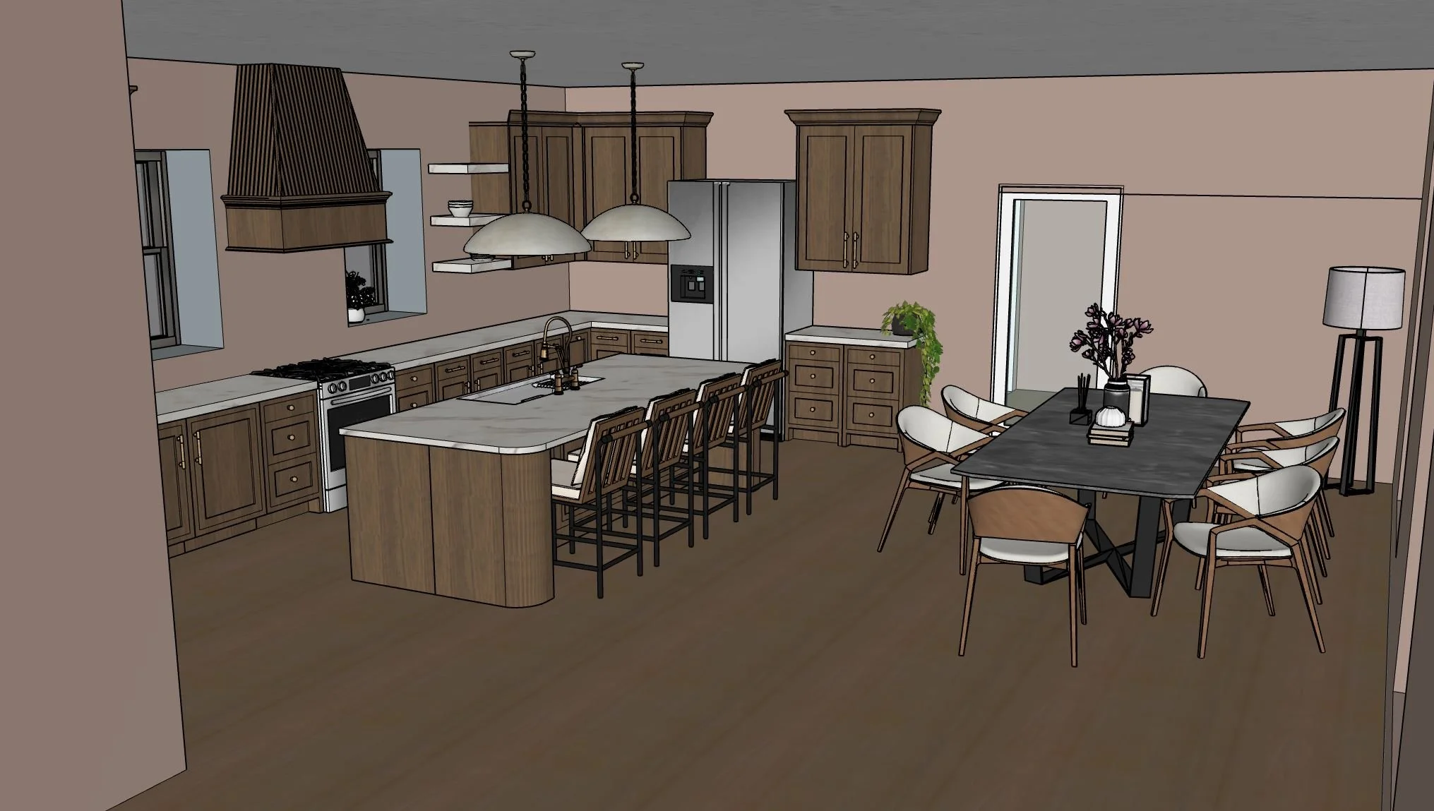 A modern open-concept kitchen and dining area featuring wooden cabinetry, a large kitchen island with barstools, a stainless steel refrigerator, and a dining table with chairs. The room has a neutral color palette with pendant lighting above the isla