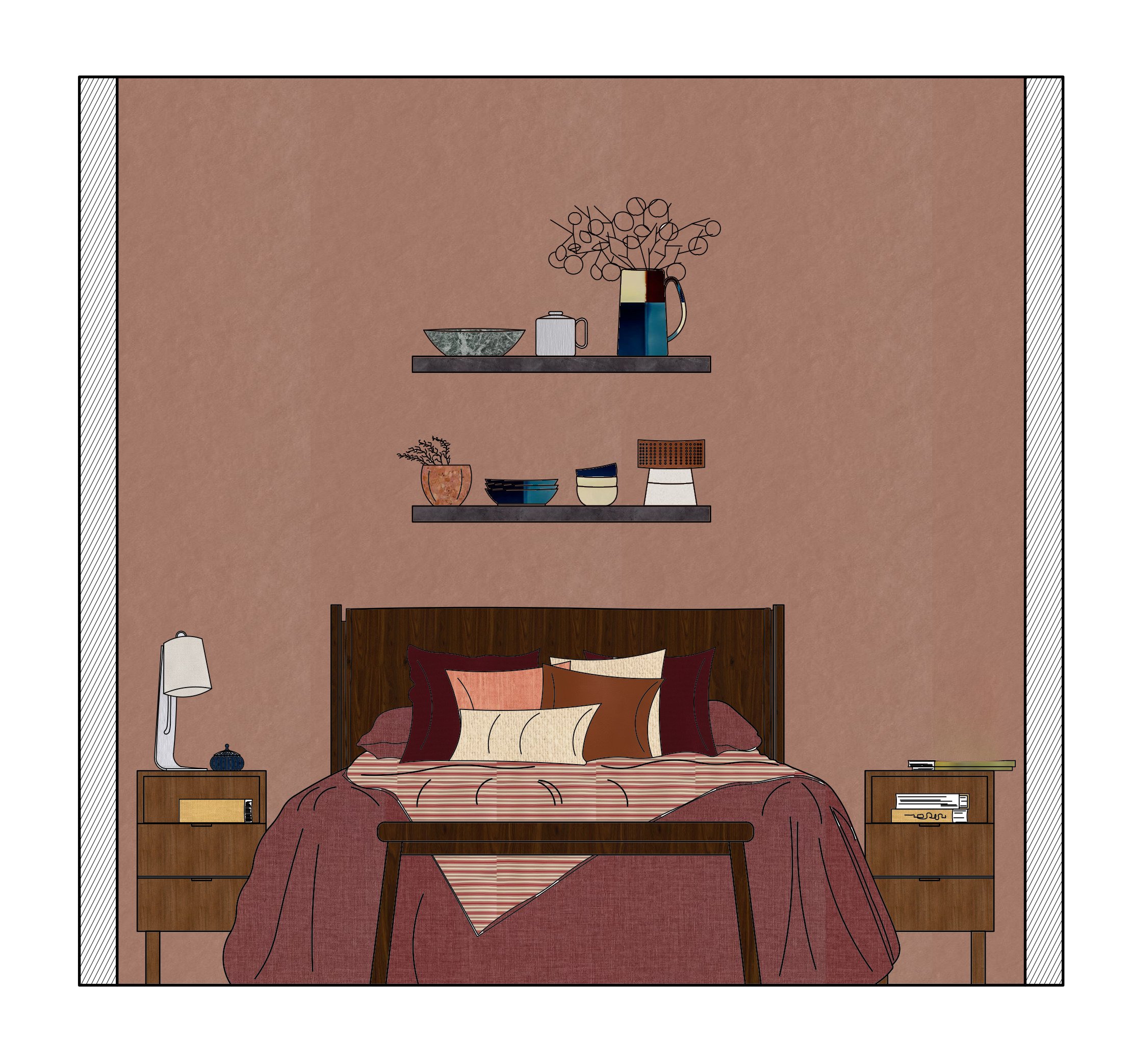 Illustration of a bedroom with a wooden bed, nightstands on each side, a table lamp, and decorative pillows. Two floating shelves above the bed hold vases, bowls, and books. The wall is textured pink.