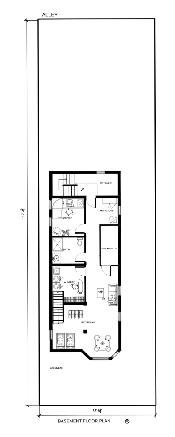 Basement floor plan showing rooms including recreational room, laundry, bath, office, art room, storage, mechanical room, and stairs.