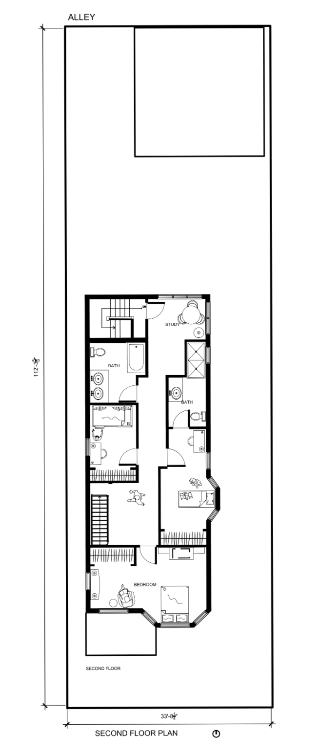 Floor plan of a second floor layout with bedrooms, bathrooms, a study area, and an outdoor space labeled alley.