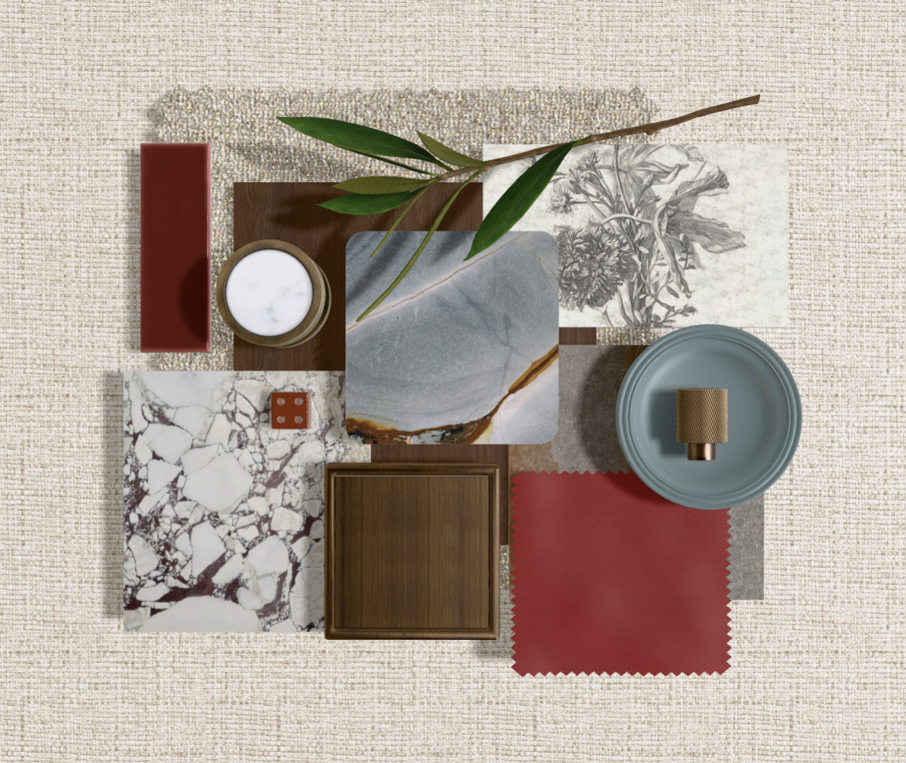 Arrangement of various home decor materials including fabric swatches, marble, wood, ceramic, and glass tiles with a leaf and botanical drawing.