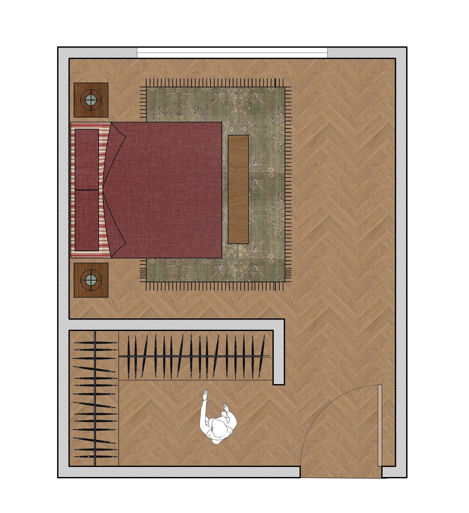 Top-down view of a bedroom with a red bed, two nightstands, a green area rug, a wooden bench, and a person walking in the room.