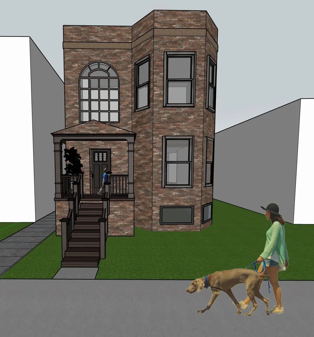 A digital rendering of a three-story brick house with a rounded corner, large windows, and a front porch with stairs. Two women are outside; one is walking a large dog on a leash, and another is on the porch.