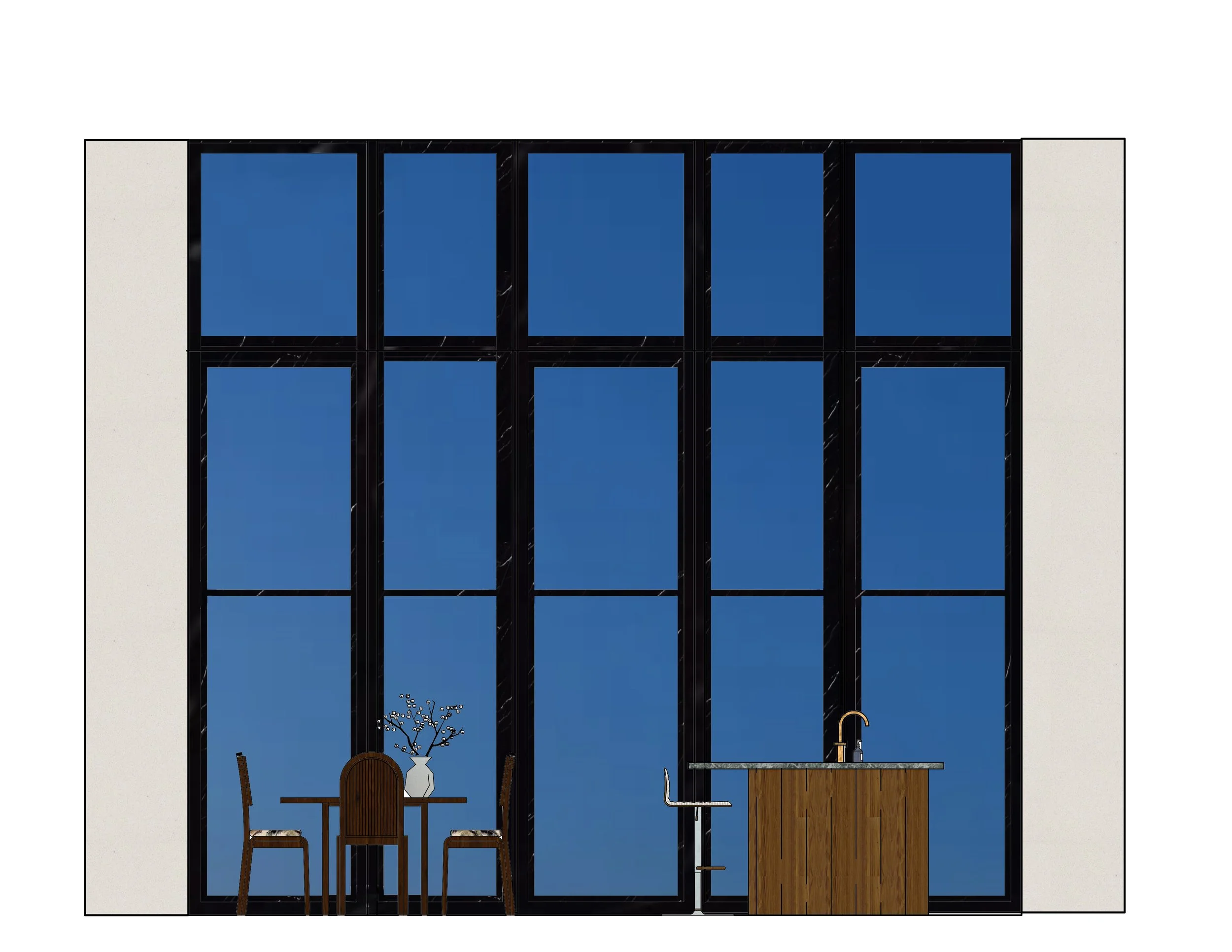 Interior view of a room with large floor-to-ceiling windows, a round dining table with two chairs, a vase with flowers, and a kitchen island with a sink and faucet.