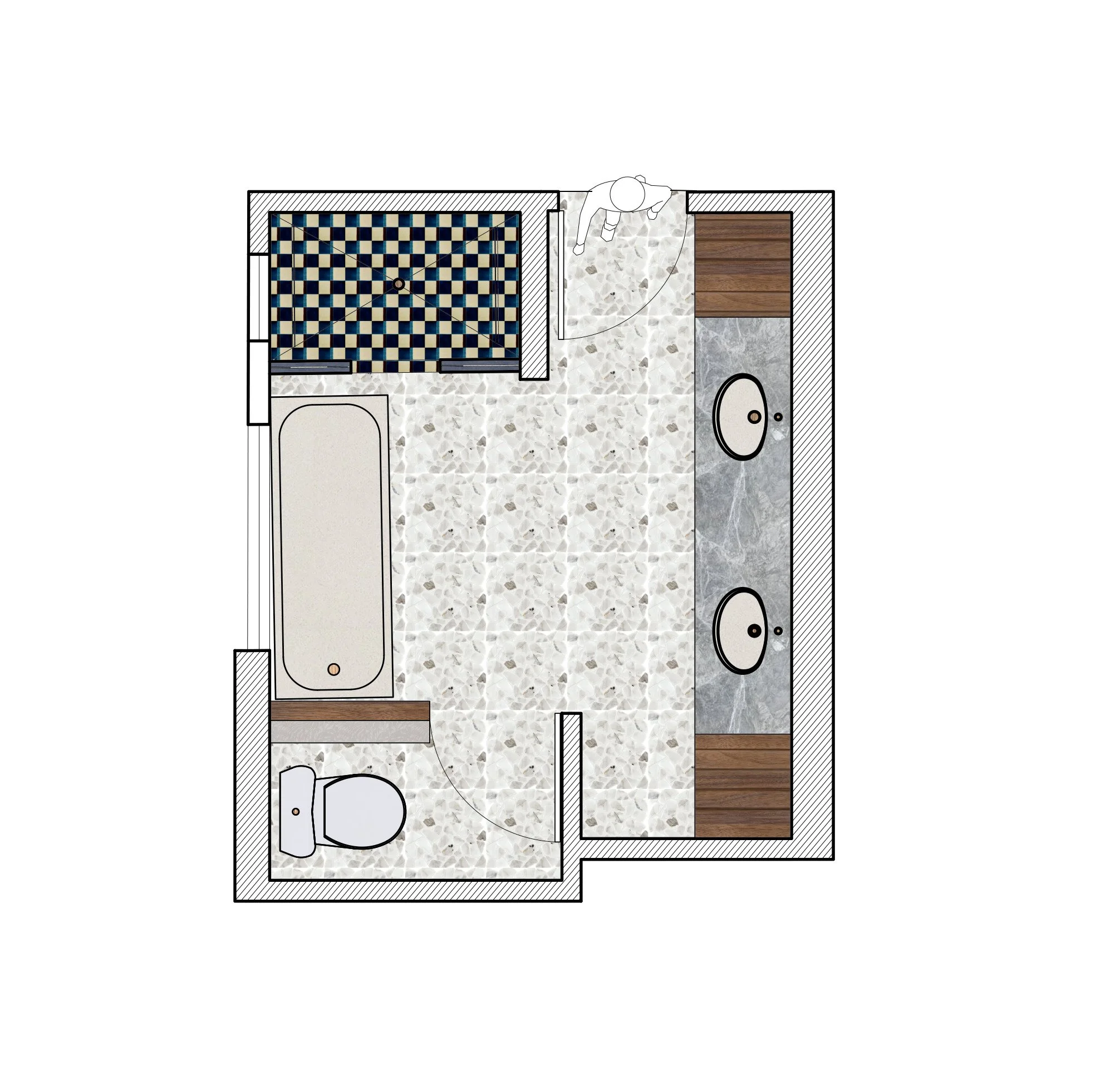 Top-down view of a bathroom layout with a shower, bathtub, toilet, and dual sinks with countertop.