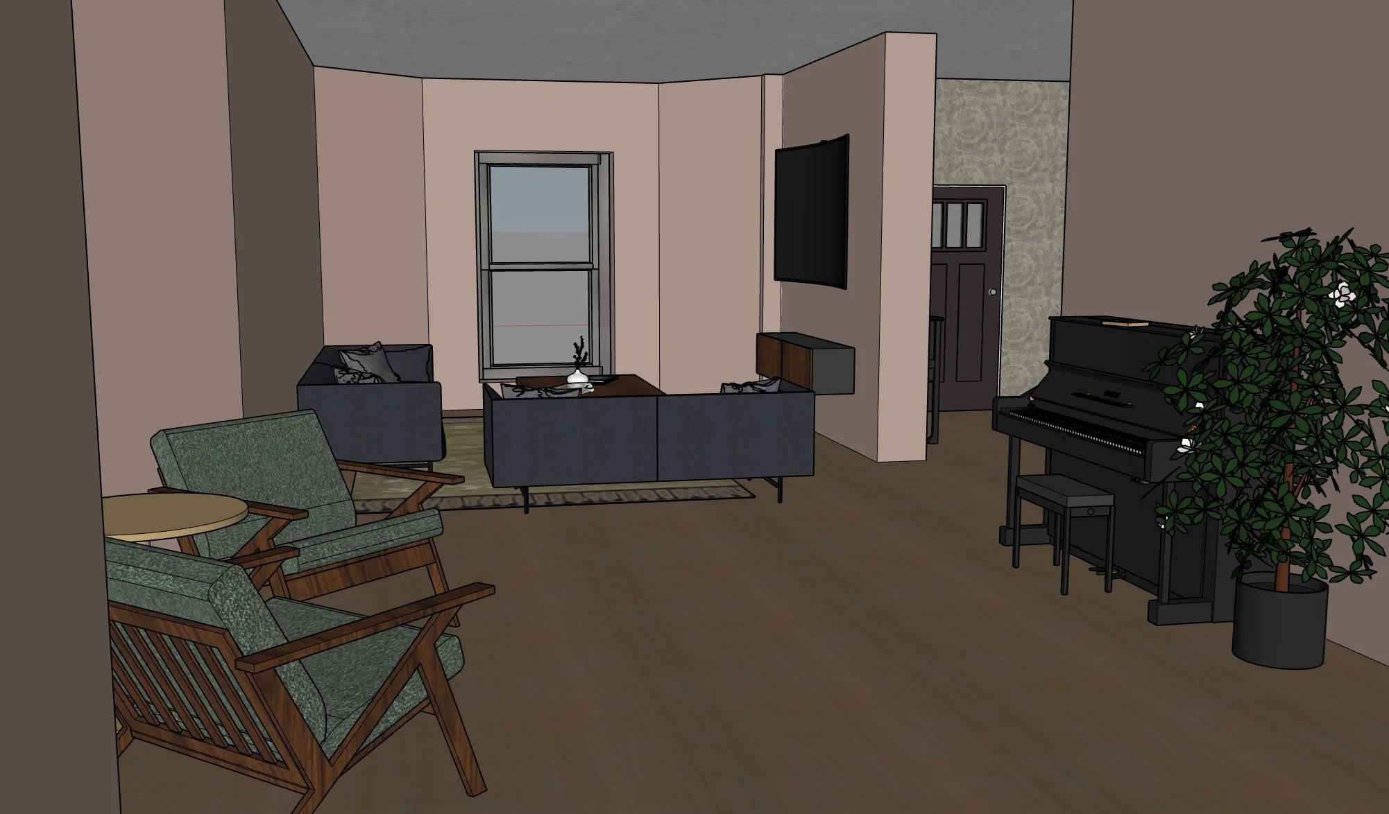 A living room with pink walls, a window, a grey sofa set, a wooden coffee table, a black upright piano with a matching black stool, a large potted plant, and a mounted TV on the wall.