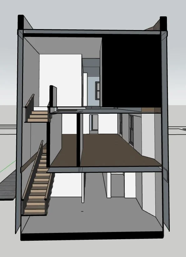 Cross-section view of a three-story modern house showing interior walls, stairs, and floors on each level.