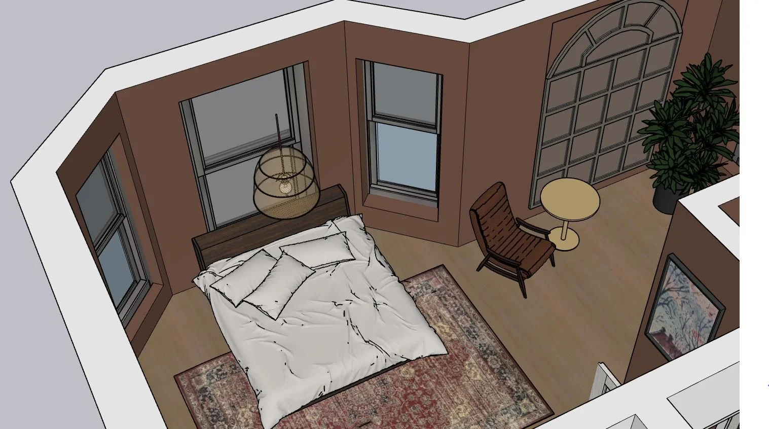 A bedroom with a bed, pillows, windows, a hanging light, a chair with a side table, a potted plant, and framed art on the wall.