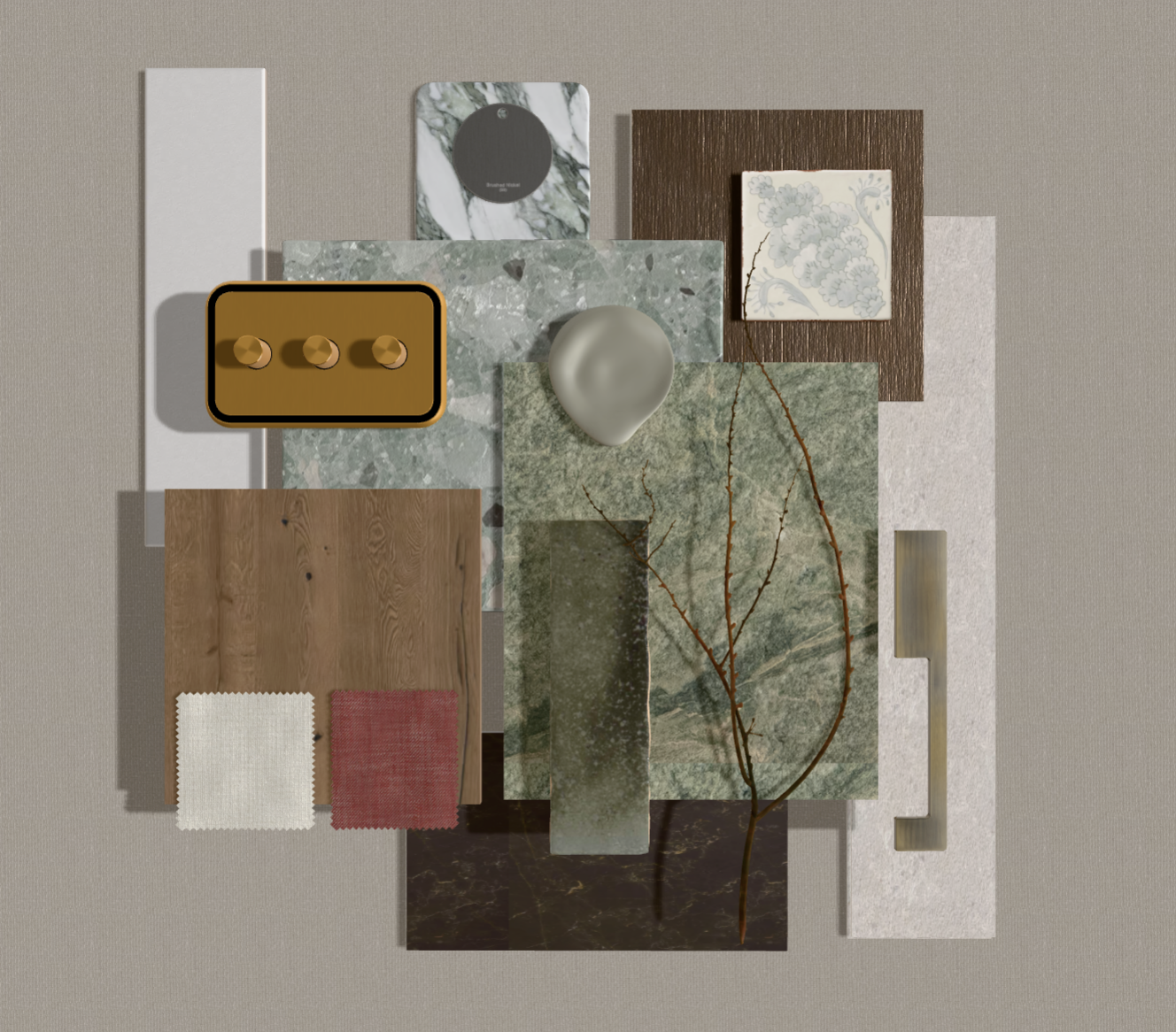 Collection of various material samples including wood, marble, fabric, and decorative objects arranged on a beige background.