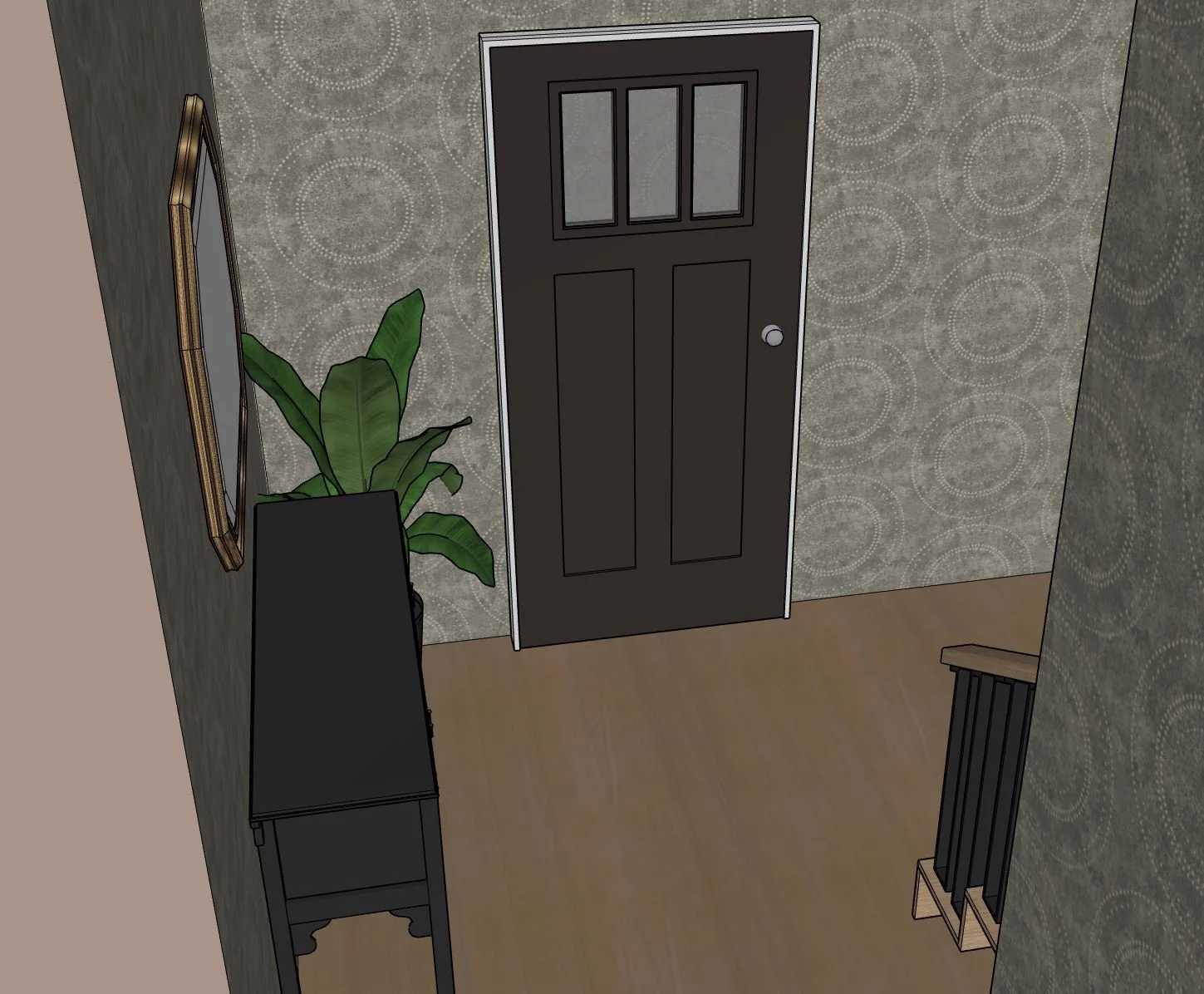 A 3D-rendered interior entryway with a black front door that has four small windows, a plant with large green leaves near a black cabinet, a mirror on the wall, a staircase with wooden steps, and patterned wallpaper.