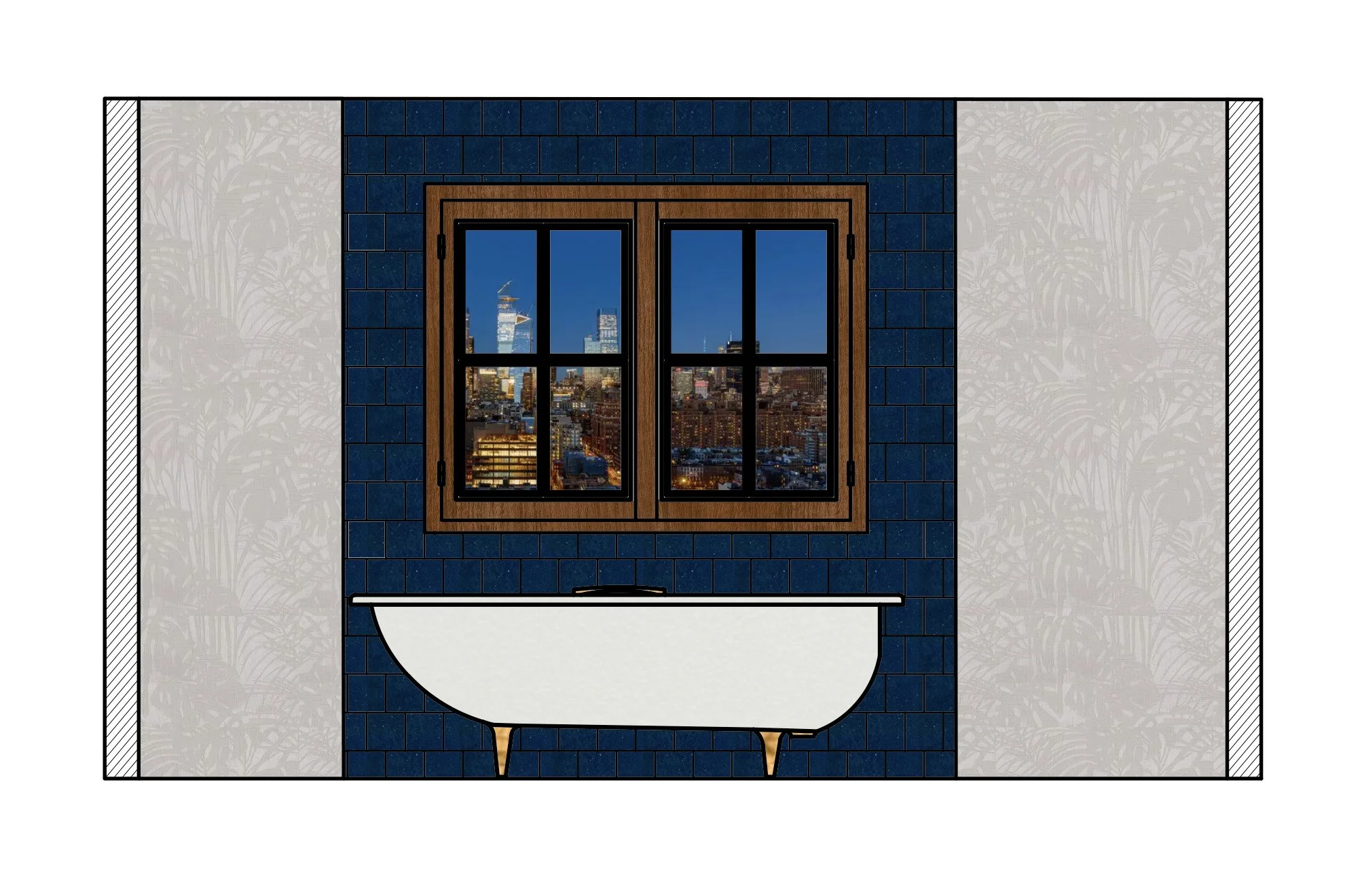 Illustration of a bathroom with a white bathtub in front of a blue tiled wall and a wooden framed window showing a city skyline at night.