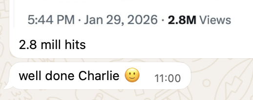 Screenshot of a social media post showing the date and time, views, a comment, and text praising Charlie.