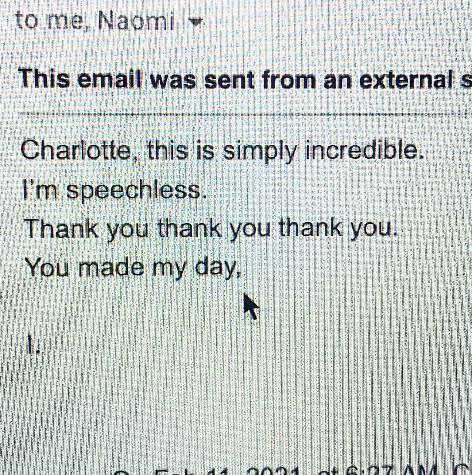 Screenshot of an email message with a message thanking Charlotte, a computer mouse cursor is pointing at the text.