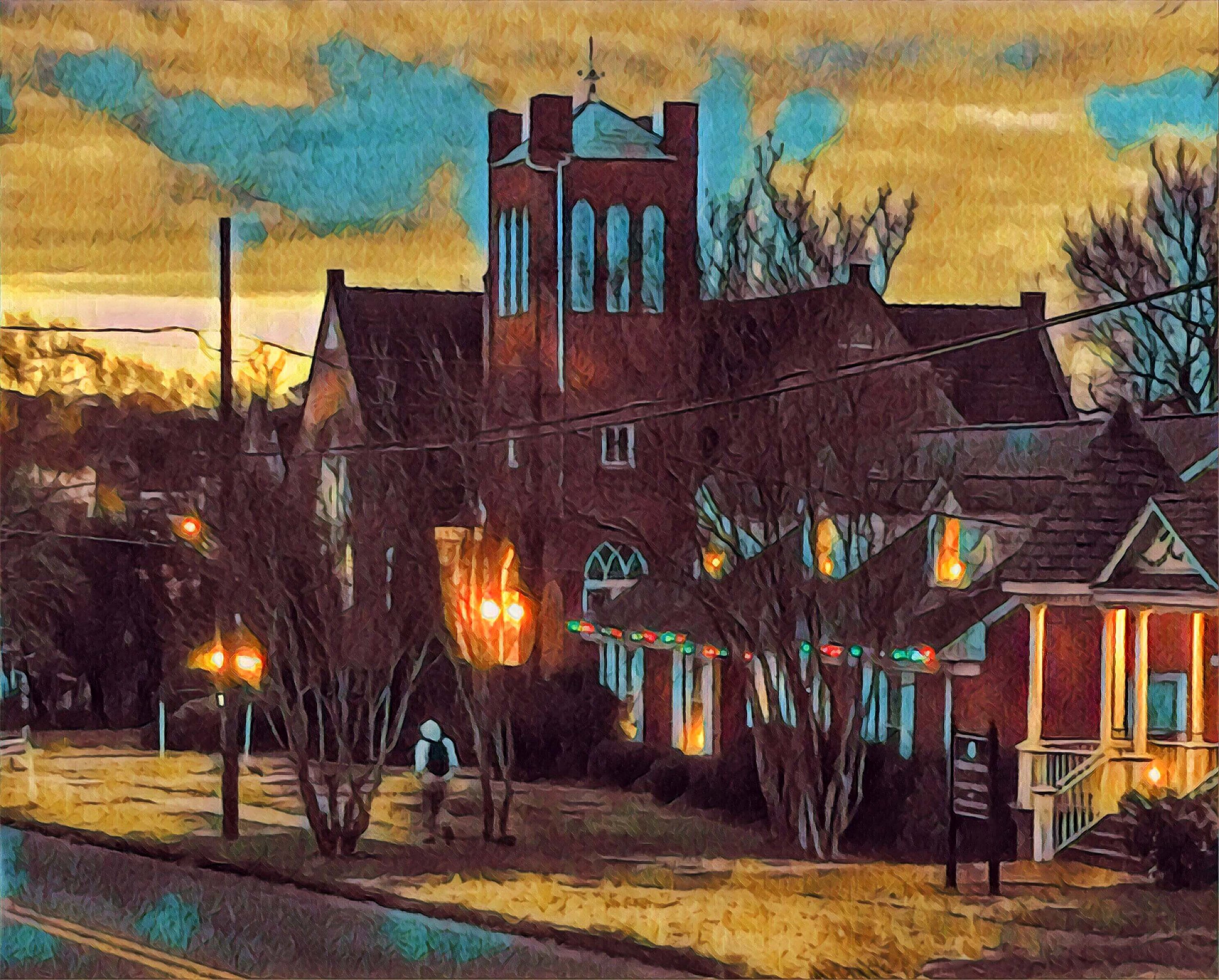 Texturized photo of the outside of Montevallo First United Methodist Church.