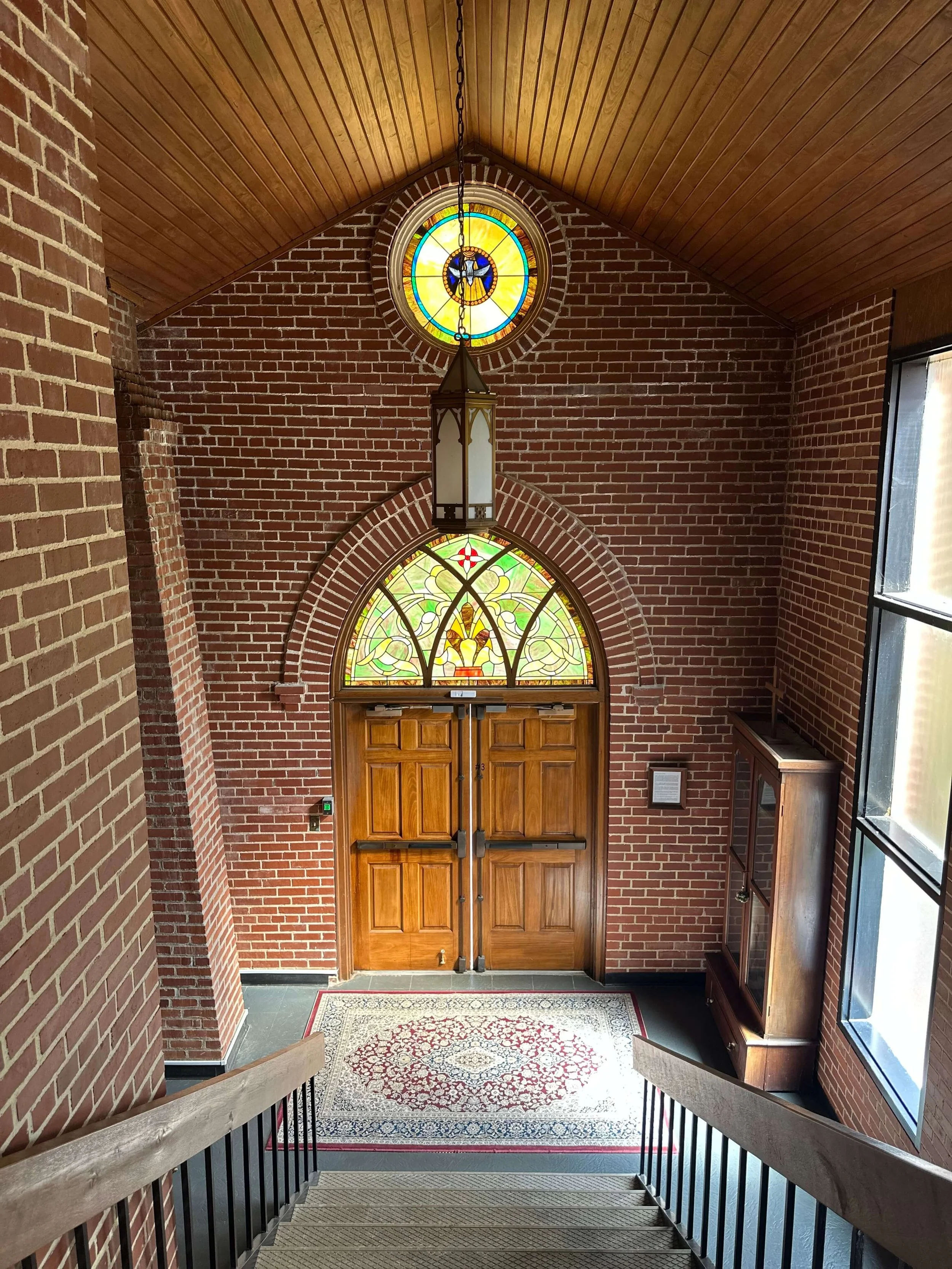 A view from the top of the stairs looking down on the second exit of mfumc