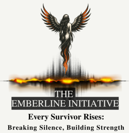 A stylized female figure with wings rising above a fiery horizon, with the text 'The Emberline Initiative: Every Survivor Rises: Breaking Silence, Building Strength'.