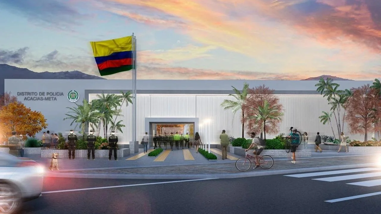 Perspectiva del Comando Distrito de Policía en Acacías, Colombia, cuyo diseño bioclimático fue realizado por el arquitecto  colombiano Jorge Eduardo Acosta Acosta, proyecto con diseño bioclimático y sostenible