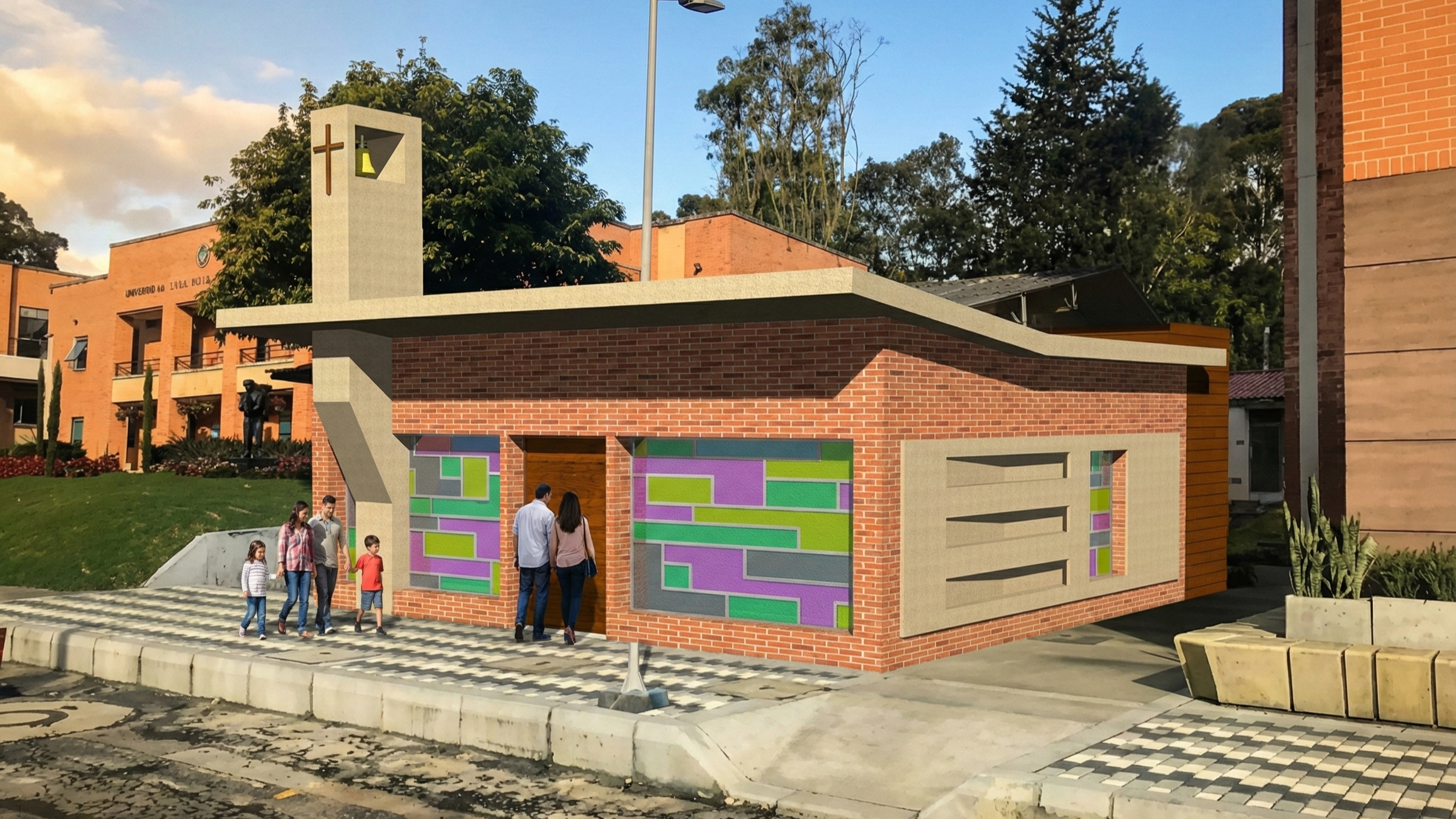 Una iglesia moderna de ladrillo con un campanario que tiene una cruz y una luz, ubicada en un entorno con árboles y edificios cercanos, personas caminando en la acera.