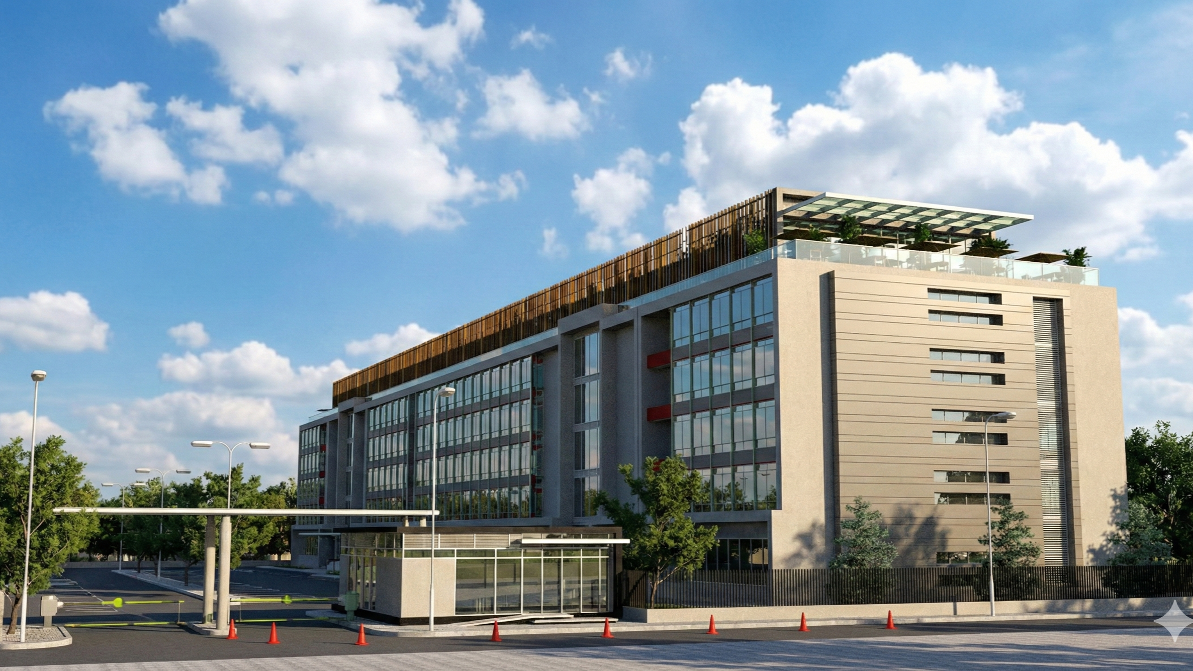 Edificio moderno de varios pisos con fachada de vidrio y un área de terraza con plantas en la azotea.