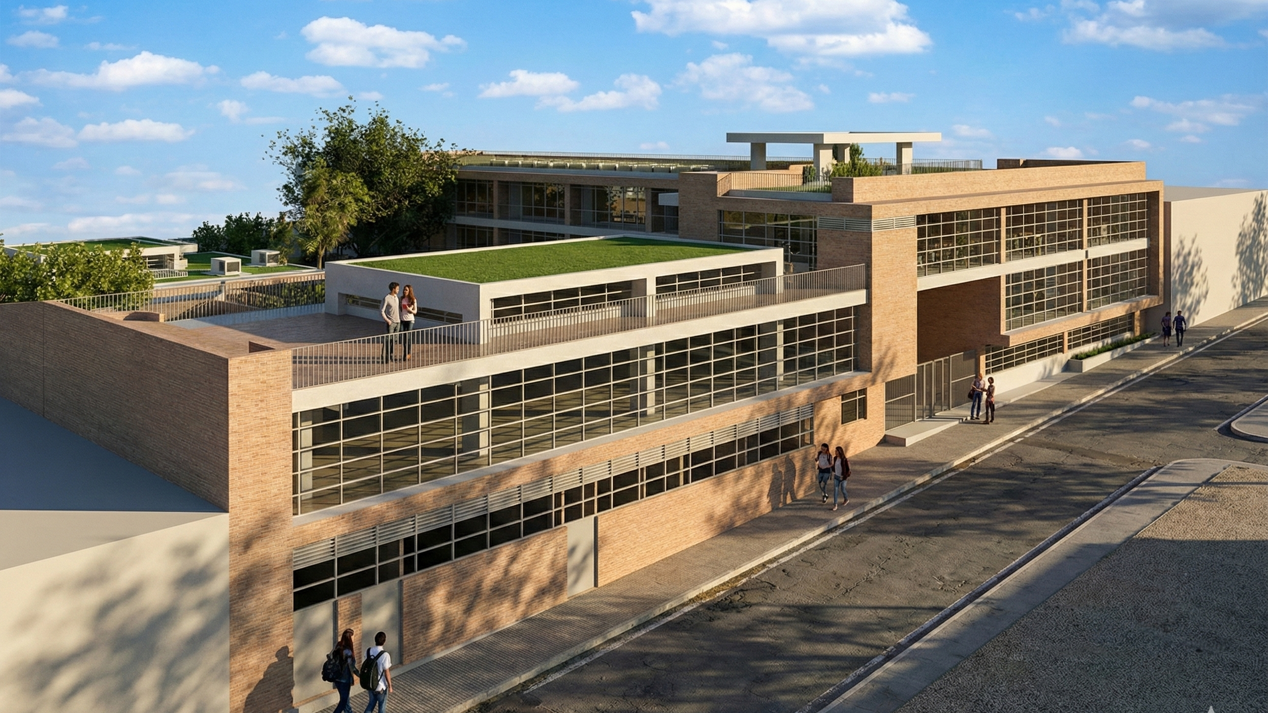 Perspectiva del Colegio Distrital Santa Librada, Bogotá, Colombia, cuyo diseño bioclimático fue realizado por el arquitecto colombiano Jorge Eduardo Acosta Acosta, proyecto con diseño bioclimático y sostenible