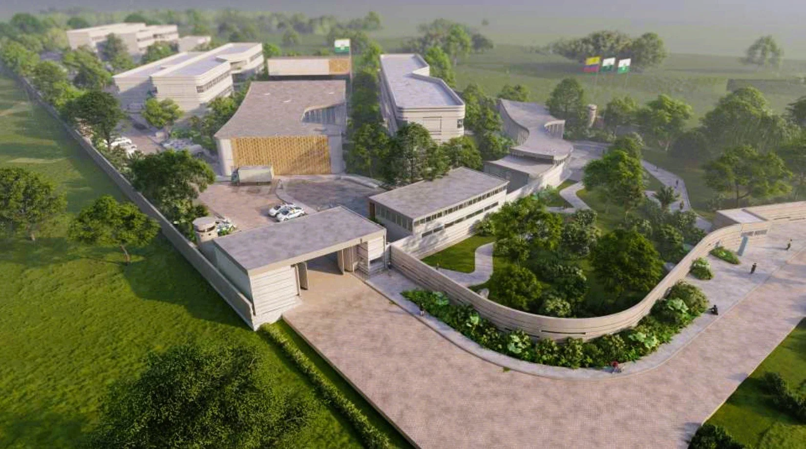 Perspectiva del Comando Departamento Policía Bolívar en Arjona, Colombia, cuyo diseño bioclimático fue realizado por el arquitecto Jorge Eduardo Acosta Acosta, proyecto con diseño bioclimático y sostenible