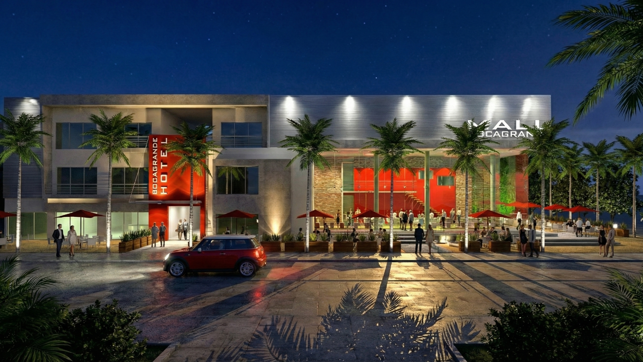 Vista nocturna del hotel Boca Grande con palmeras, personas entrando y saliendo, mesas con sombrillas rojas y un coche rojo frente.