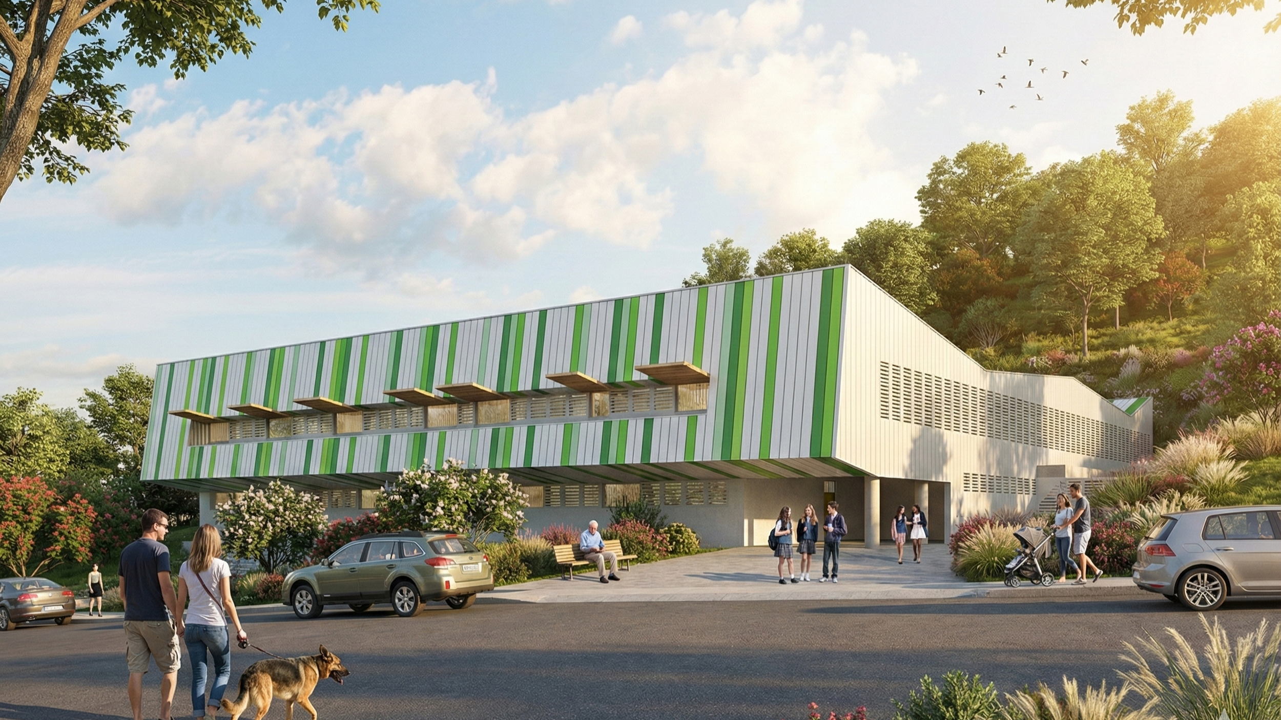 Vista de un edificio moderno rodeado de naturaleza, con varias personas caminando y conversando, algunas con niños y perros, en un día soleado.