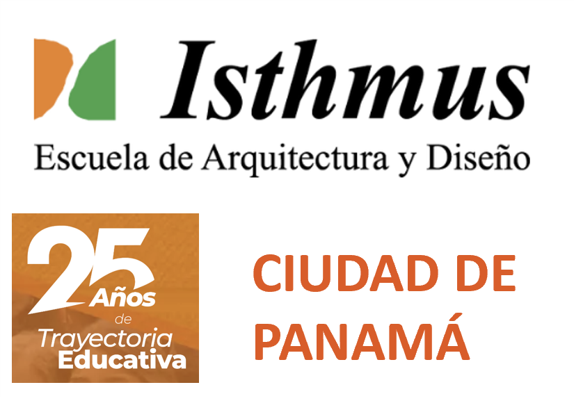 Logo de la Escuela de Arquitectura y Diseño Isthmus, con un símbolo abstracto en tonos naranja y verde, y texto en negro y naranja que indica 25 años de trayectoria educativa en la ciudad de Panamá.