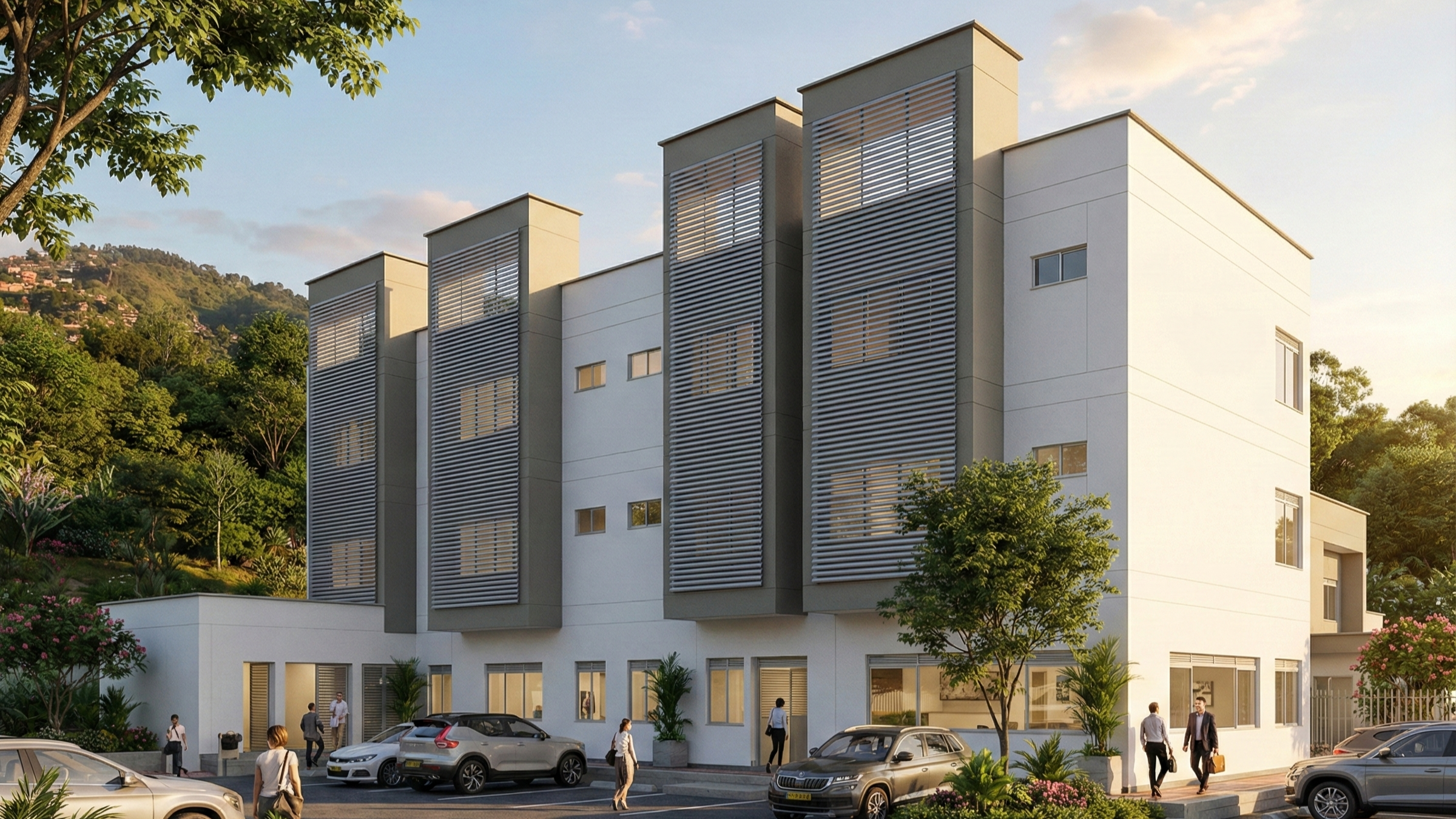 Perspectiva de la Estación de Policía Villahermosa, Medellín, Colombia, cuyo diseño bioclimático fue realizado por el arquitecto colombiano Jorge Eduardo Acosta Acosta, proyecto con diseño bioclimático y sostenible