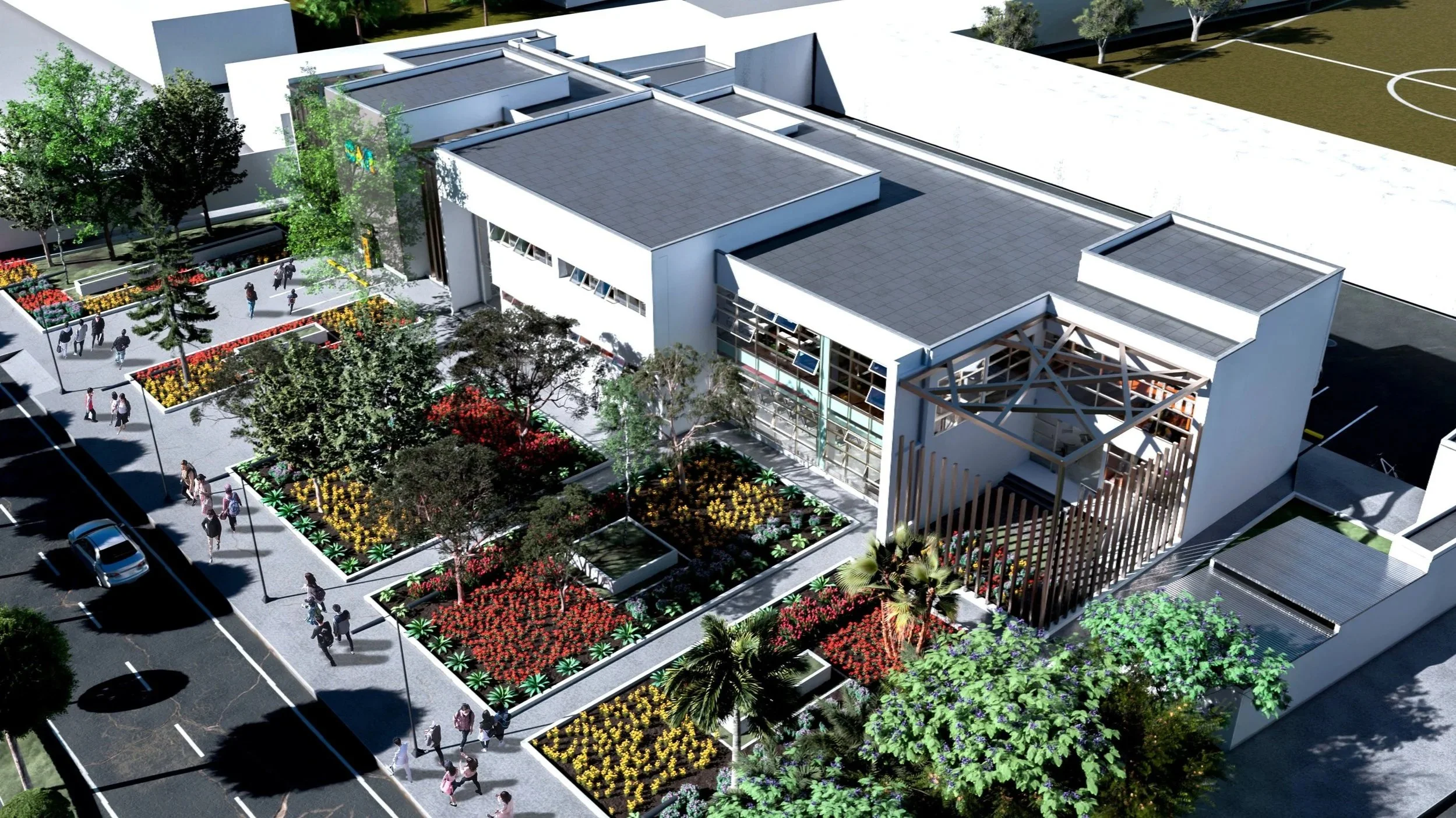 Perspectiva de la Dirección Regional de la CAR, en Chiquinquirá, Colombia diseñado por el arquitecto Jorge Eduardo Acosta Acosta, proyecto con diseño bioclimático y sostenible