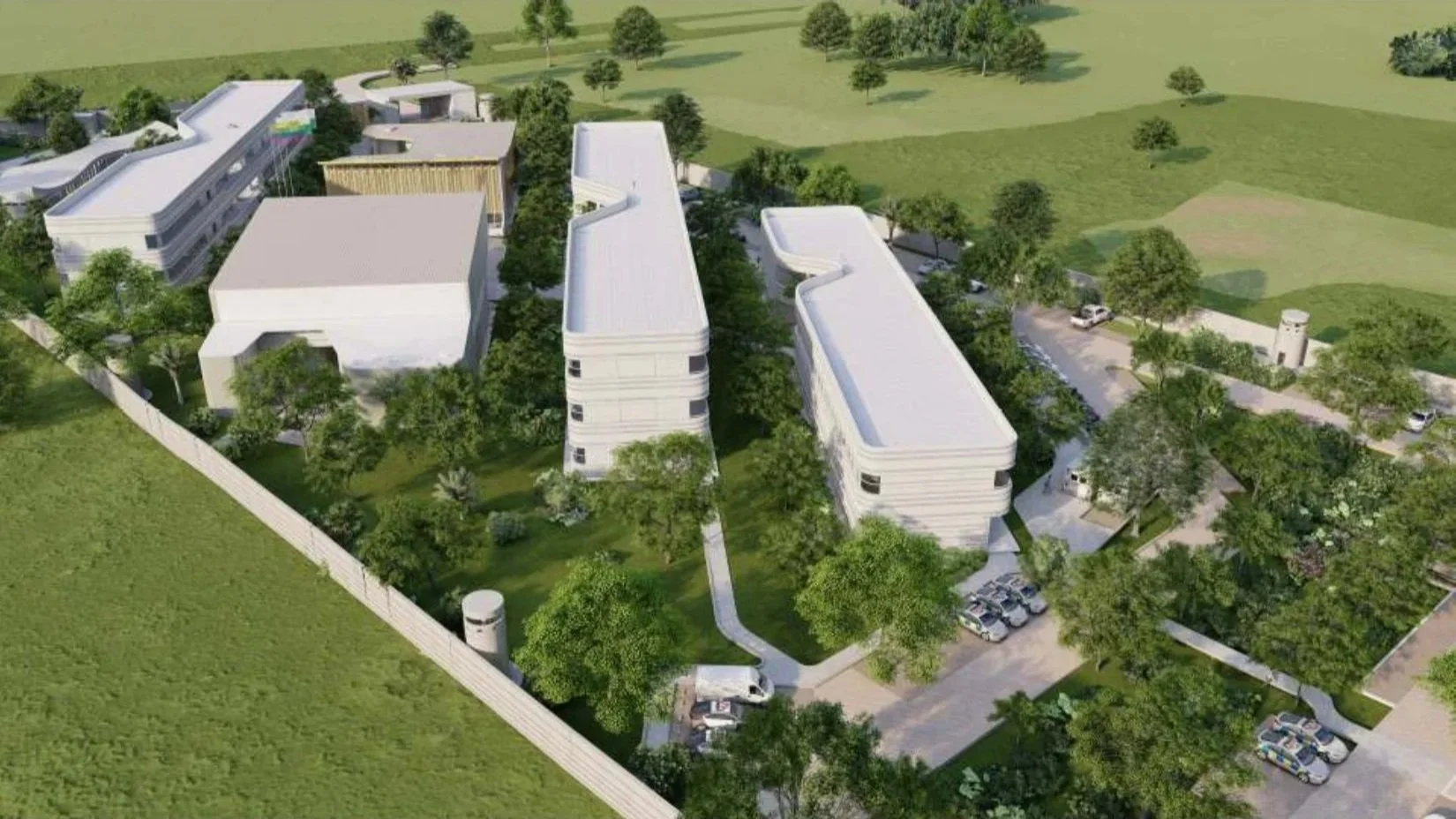 Perspectiva del Comando Departamento Policía Bolívar en Arjona, Colombia, cuyo diseño bioclimático fue realizado por el arquitecto  colombiano Jorge Eduardo Acosta Acosta, proyecto con diseño bioclimático y sostenible