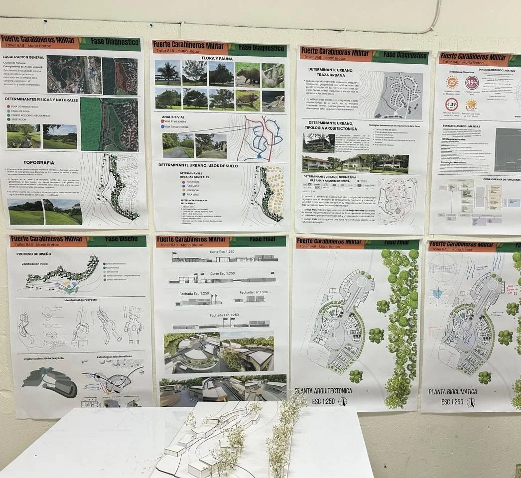 Conjunto de planos y mapas de un proyecto de urbanismo y arquitectura en paredes, y un modelo de maqueta en la mesa, con diagramas, mapas, imágenes de flora y fauna, y esquemas de diseño urbano.