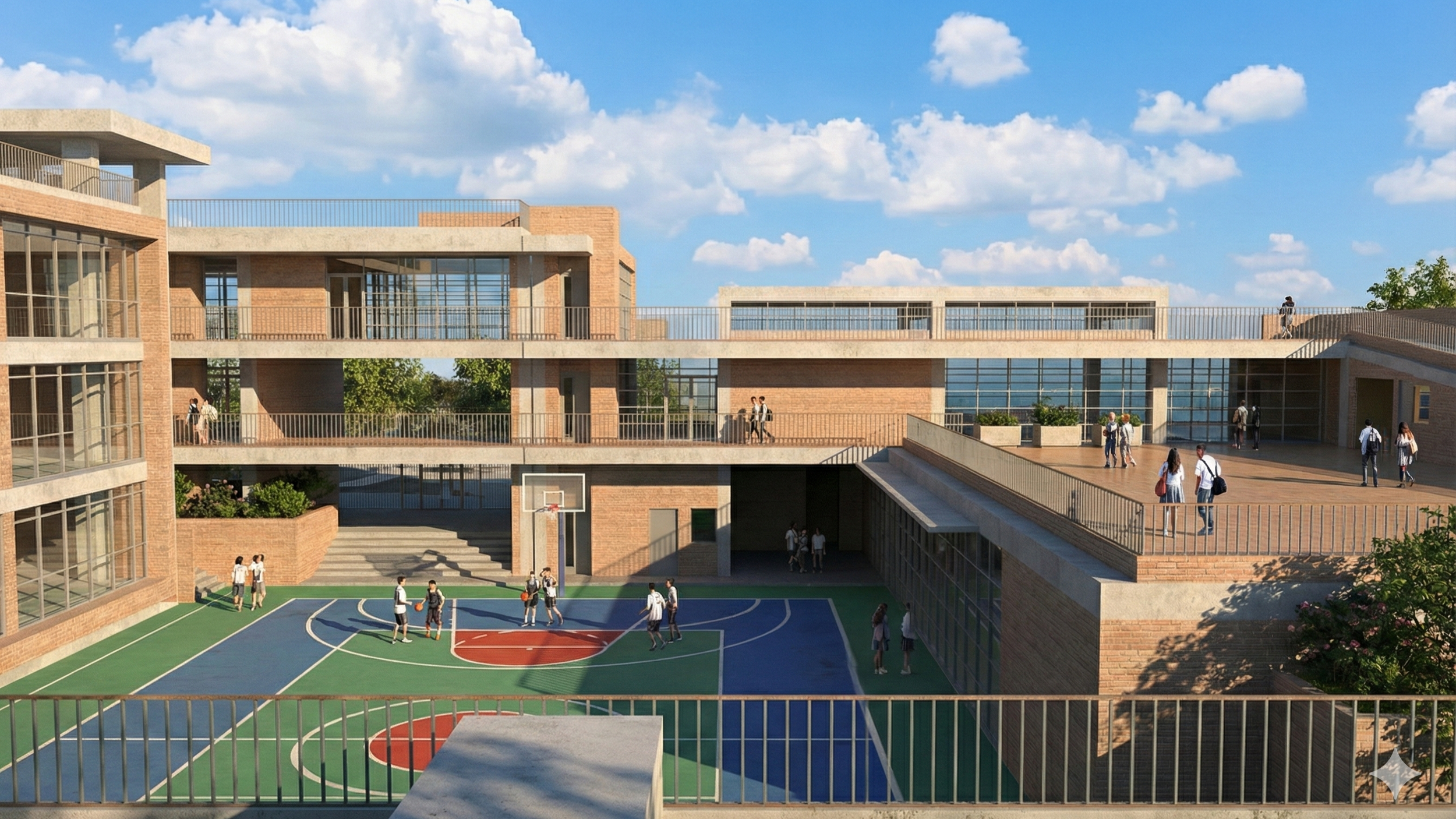 Perspectiva del Colegio Distrital Santa Librada, Bogotá, Colombia, cuyo diseño bioclimático fue realizado por el arquitecto  colombiano Jorge Eduardo Acosta Acosta, proyecto con diseño bioclimático y sostenible