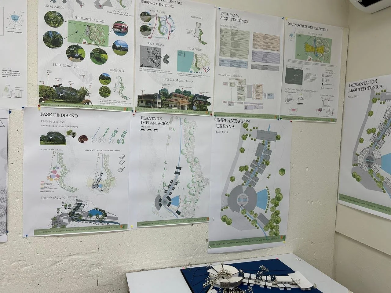 Conjunto de planos y diagramas arquitectónicos en una pared, cerca de un modelo a escala de un proyecto arquitectónico.