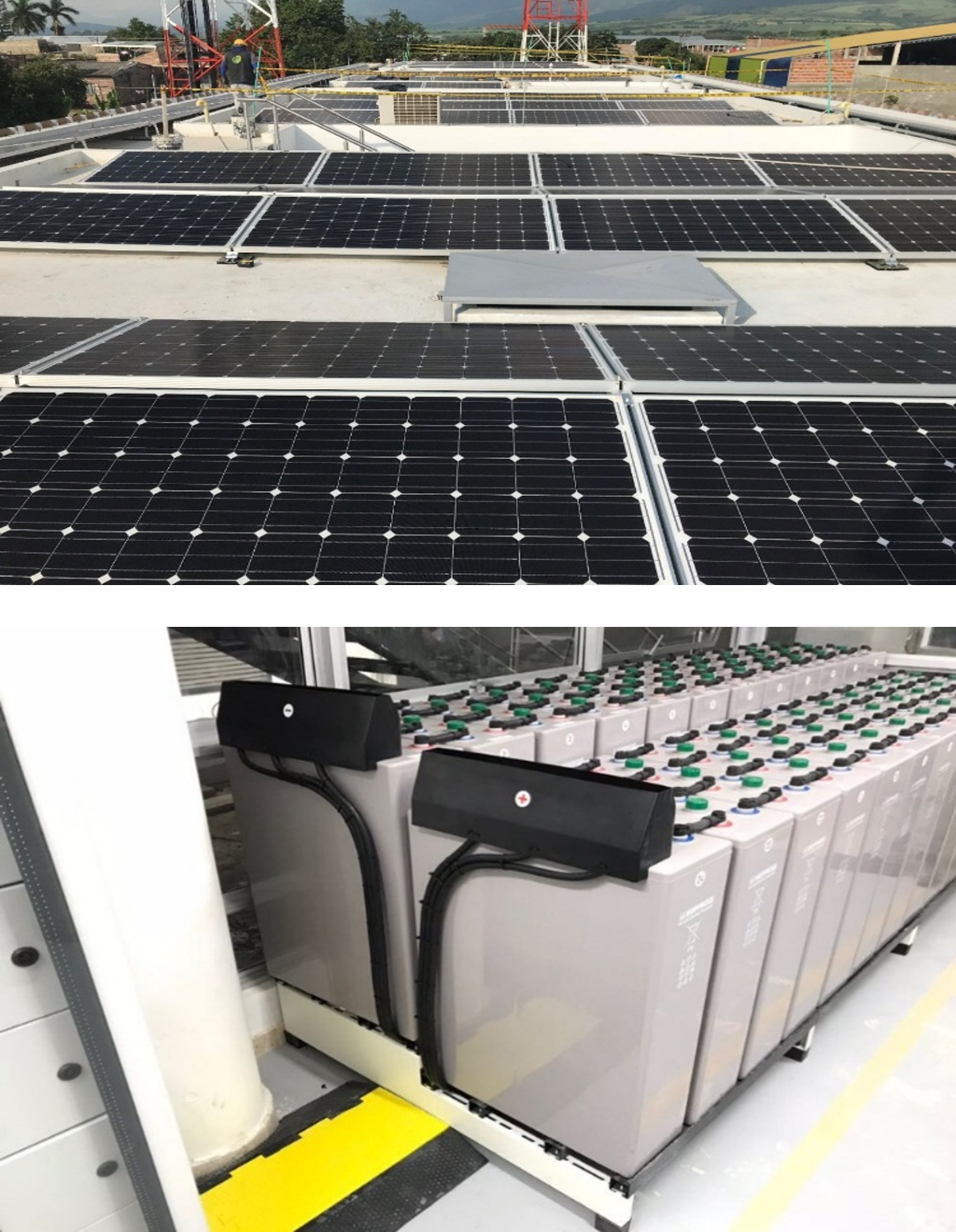Paneles solares en un techo y baterías de almacenamiento en un interior.