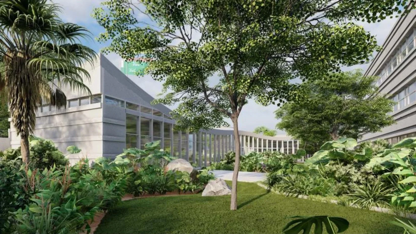 Perspectiva del Comando Departamento Policía Bolívar en Arjona, Colombia, cuyo diseño bioclimático fue realizado por el arquitecto colombiano Jorge Eduardo Acosta Acosta, proyecto con diseño bioclimático y sostenible