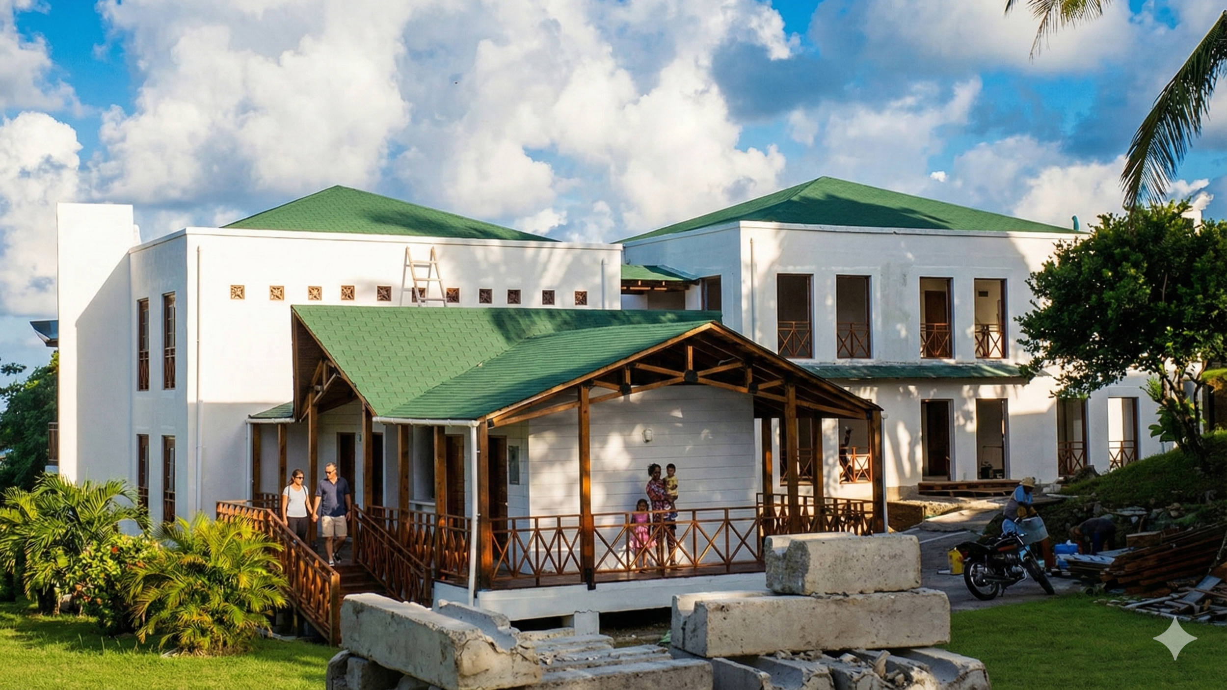 Perspectiva de la Estación de Policía isla de providencia, Colombia, diseñada por el arquitecto Jorge Eduardo Acosta Acosta, proyecto con diseño bioclimático y sostenible