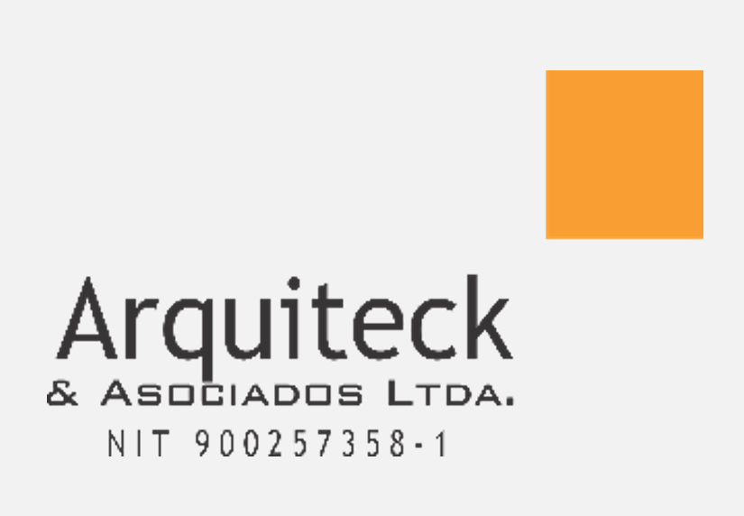 Logotipo de una empresa llamada Arquietk & Asociados LTDA con un cuadrado naranja en la esquina superior derecha y texto en colores negro y gris sobre fondo gris claro.