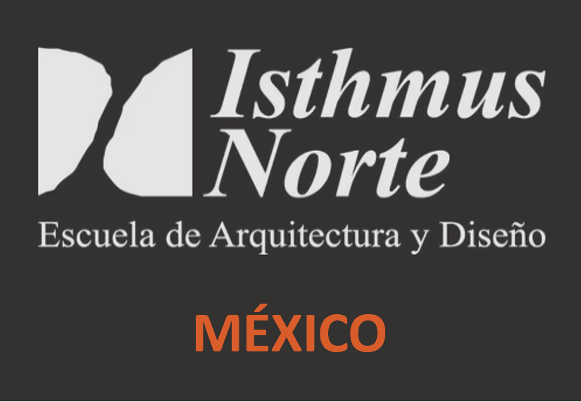 Logotipo de la Escuela de Arquitectura y Diseño Ishtmus Norte, ubicada en México, sobre fondo gris oscuro.