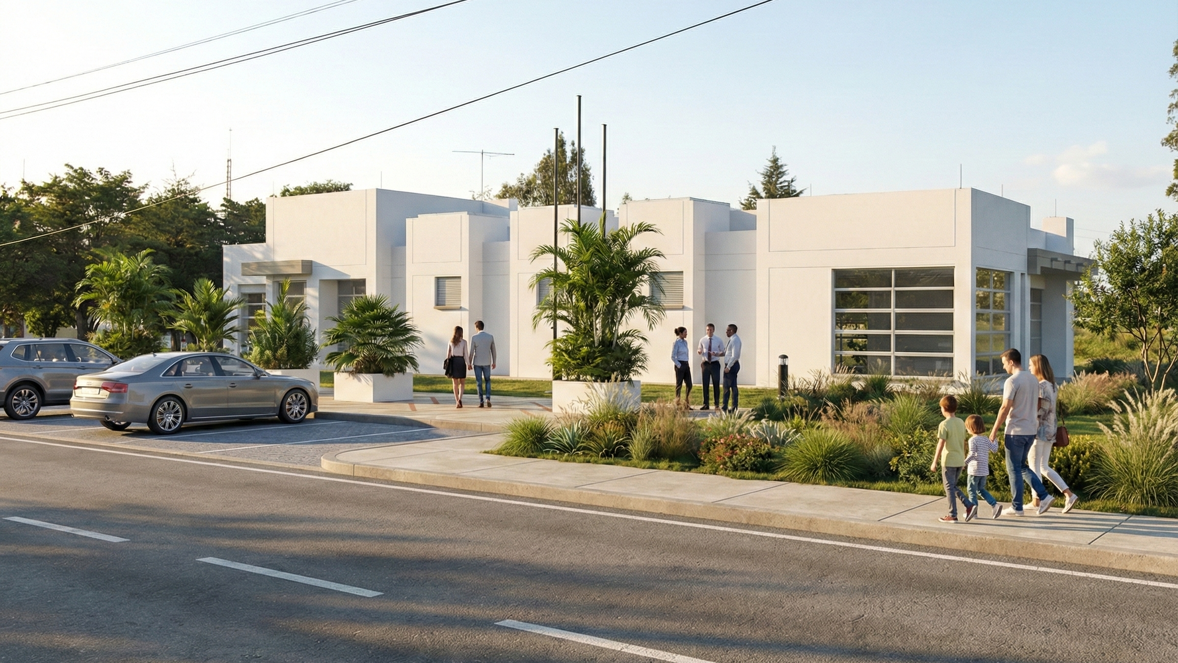 Imagen de una vivienda moderna blanca con personas caminando y conversando en la calle y en el jardín, carros estacionados y árboles verdes, en un entorno suburbano con cielo despejado.