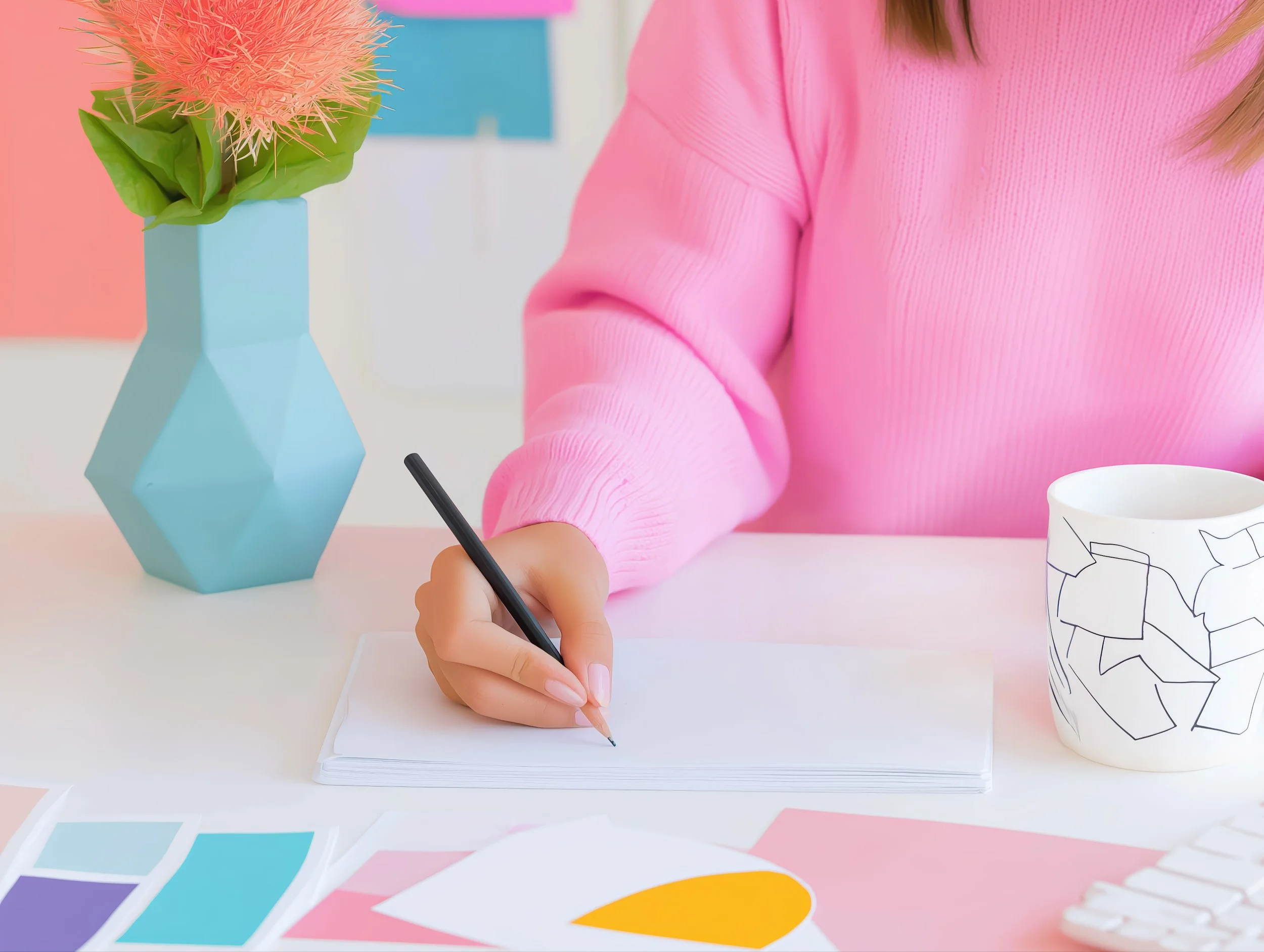 A person wearing a pink sweater sitting at a desk, writing on a notepad with a black pen. On the desk, there is a white mug with abstract black line drawings, a blue geometric vase with pink flowers, and color swatches featuring shades of purple, teal, and yellow.